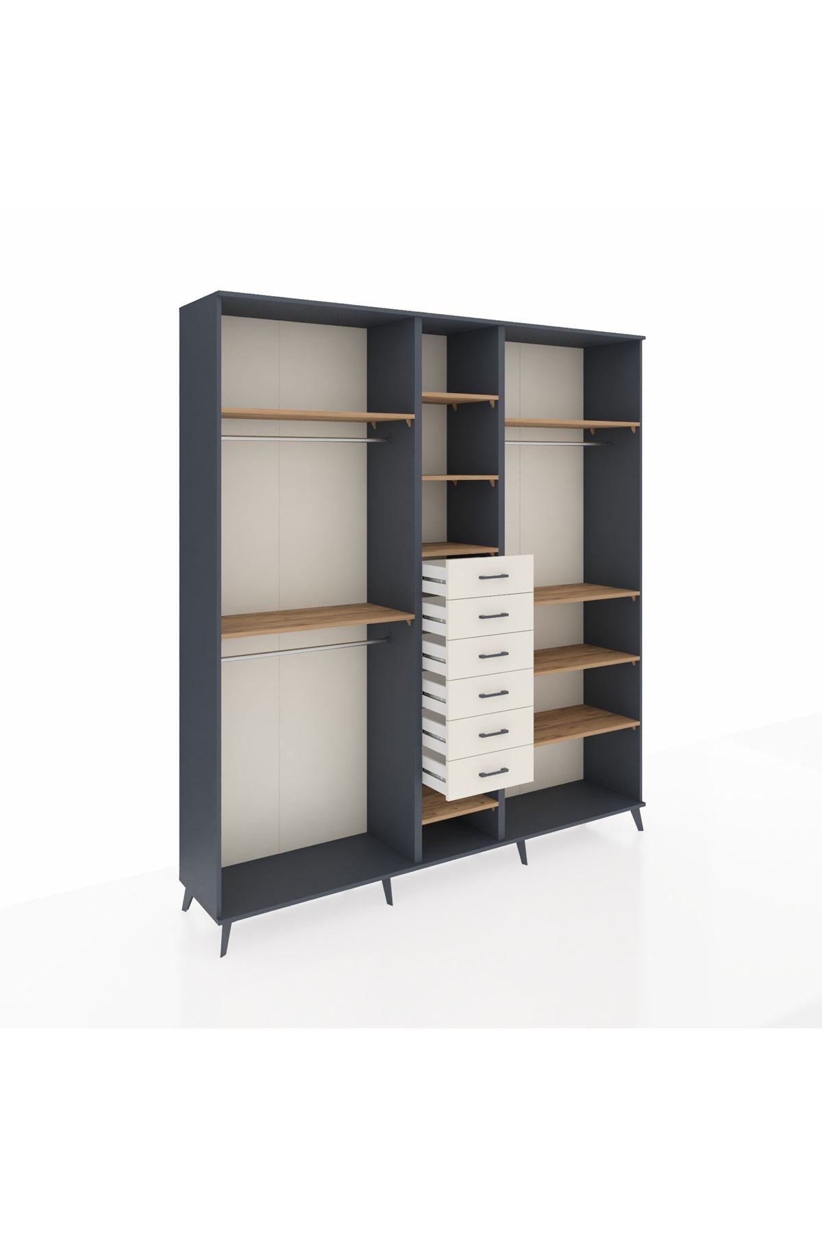 Hyperion Dolap 10 Raflı 6 Çekmeceli 3 Askılı 220x44x243 Antrasit-Çam/Aytaşı