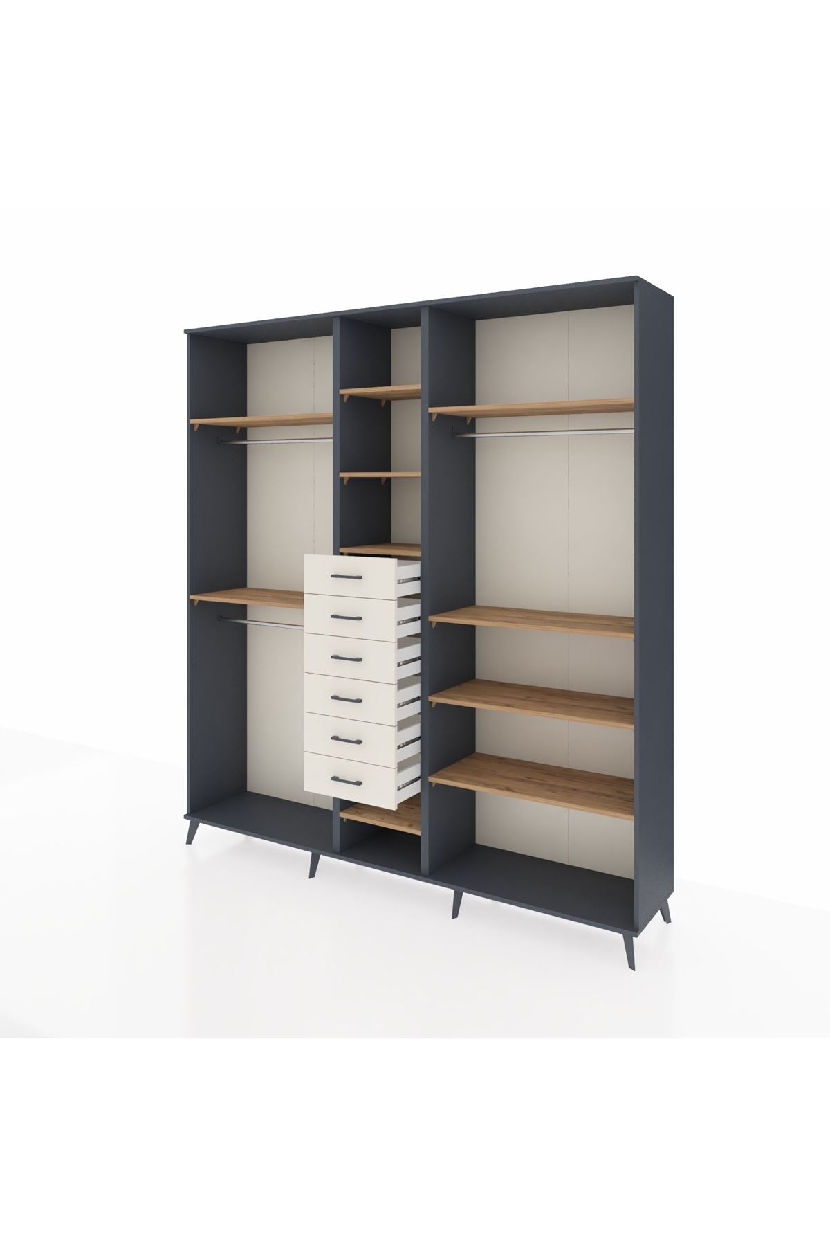 Hyperion Dolap 10 Raflı 6 Çekmeceli 3 Askılı 220x44x243 Antrasit-Çam/Aytaşı