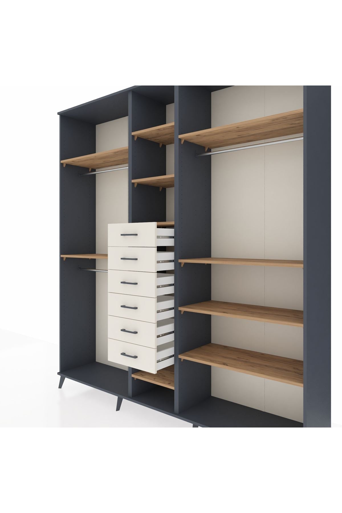 Hyperion Dolap 10 Raflı 6 Çekmeceli 3 Askılı 220x44x243 Antrasit-Çam/Aytaşı