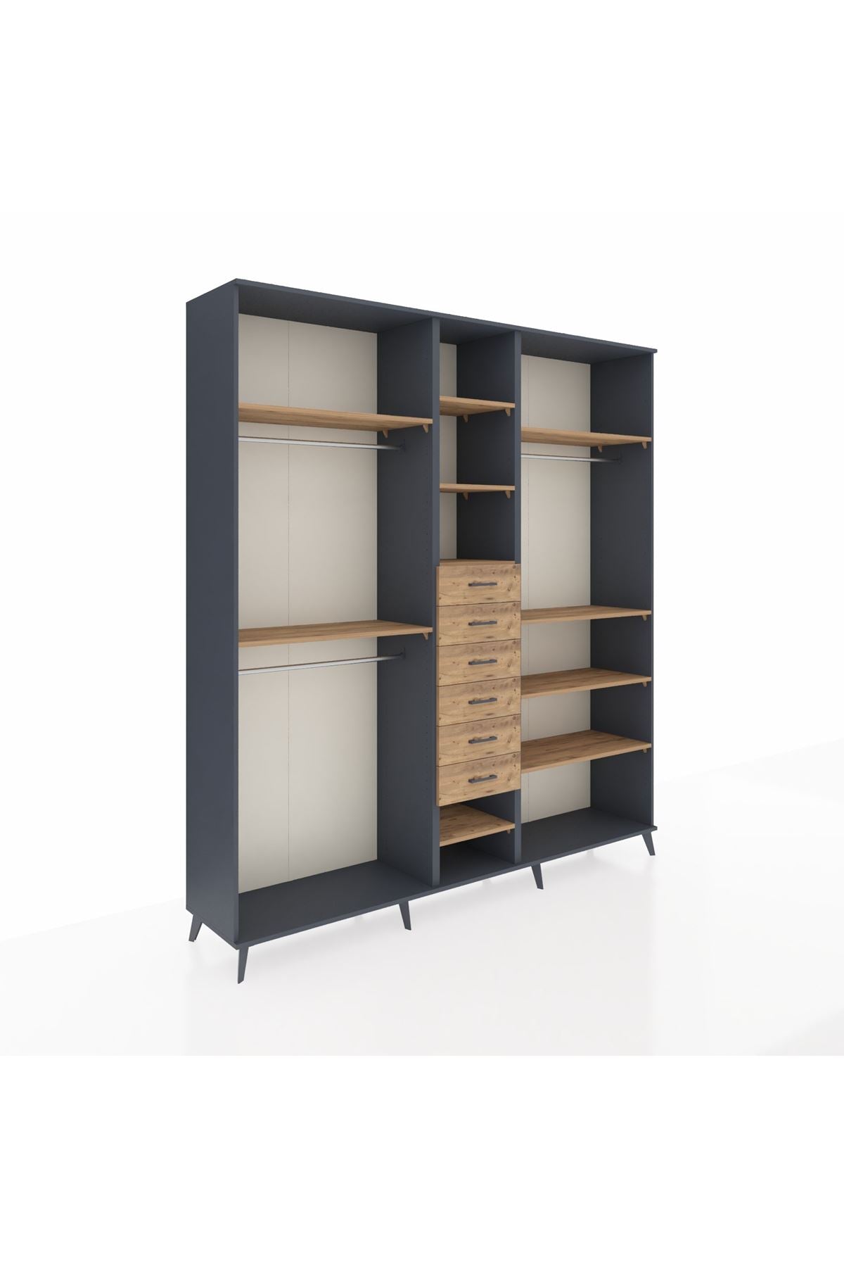 Hyperion Dolap 10 Raflı 6 Çekmeceli 3 Askılı 220x44x243 Antrasit-Çam/Çam