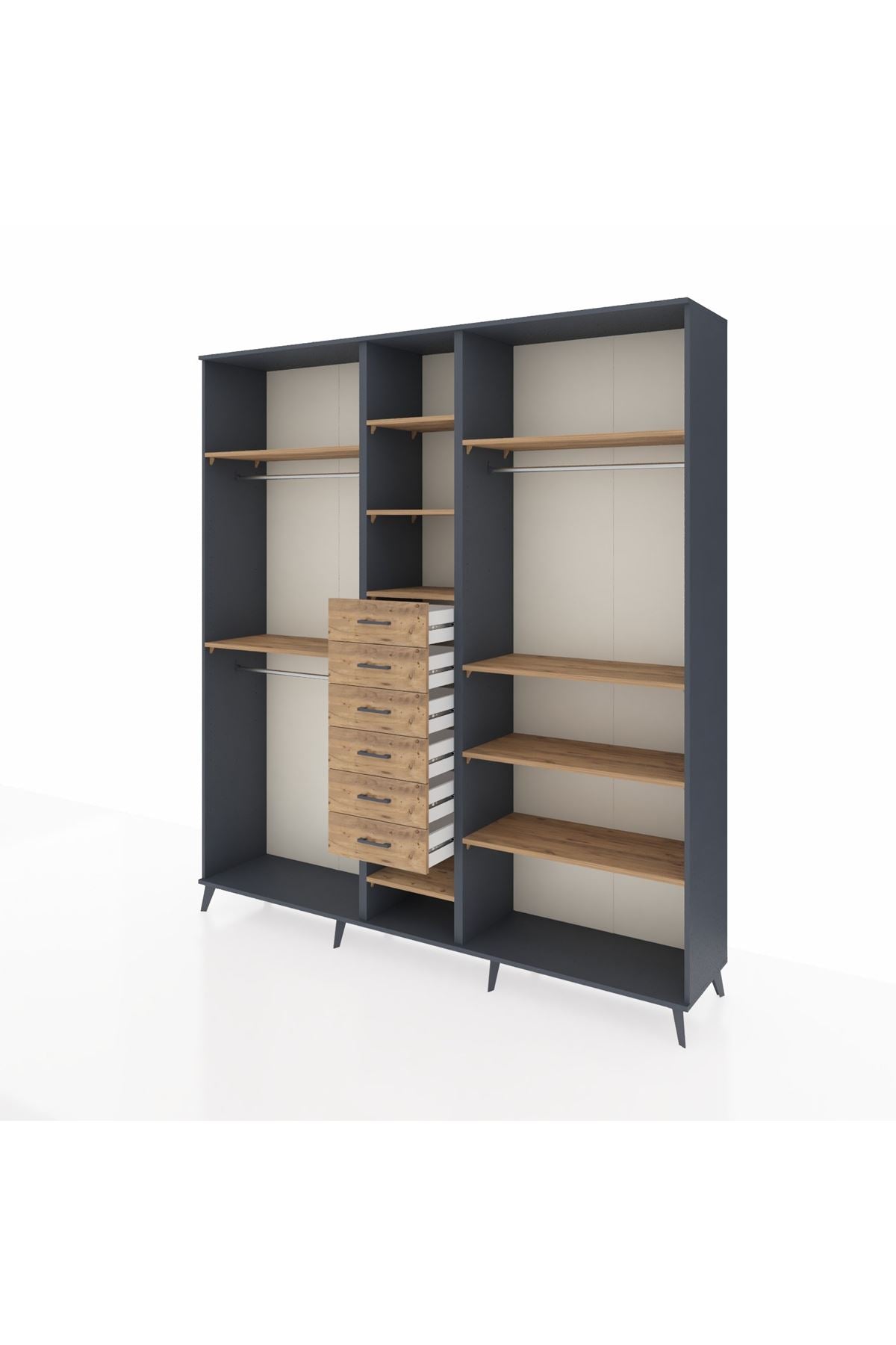 Hyperion Dolap 10 Raflı 6 Çekmeceli 3 Askılı 220x44x243 Antrasit-Çam/Çam