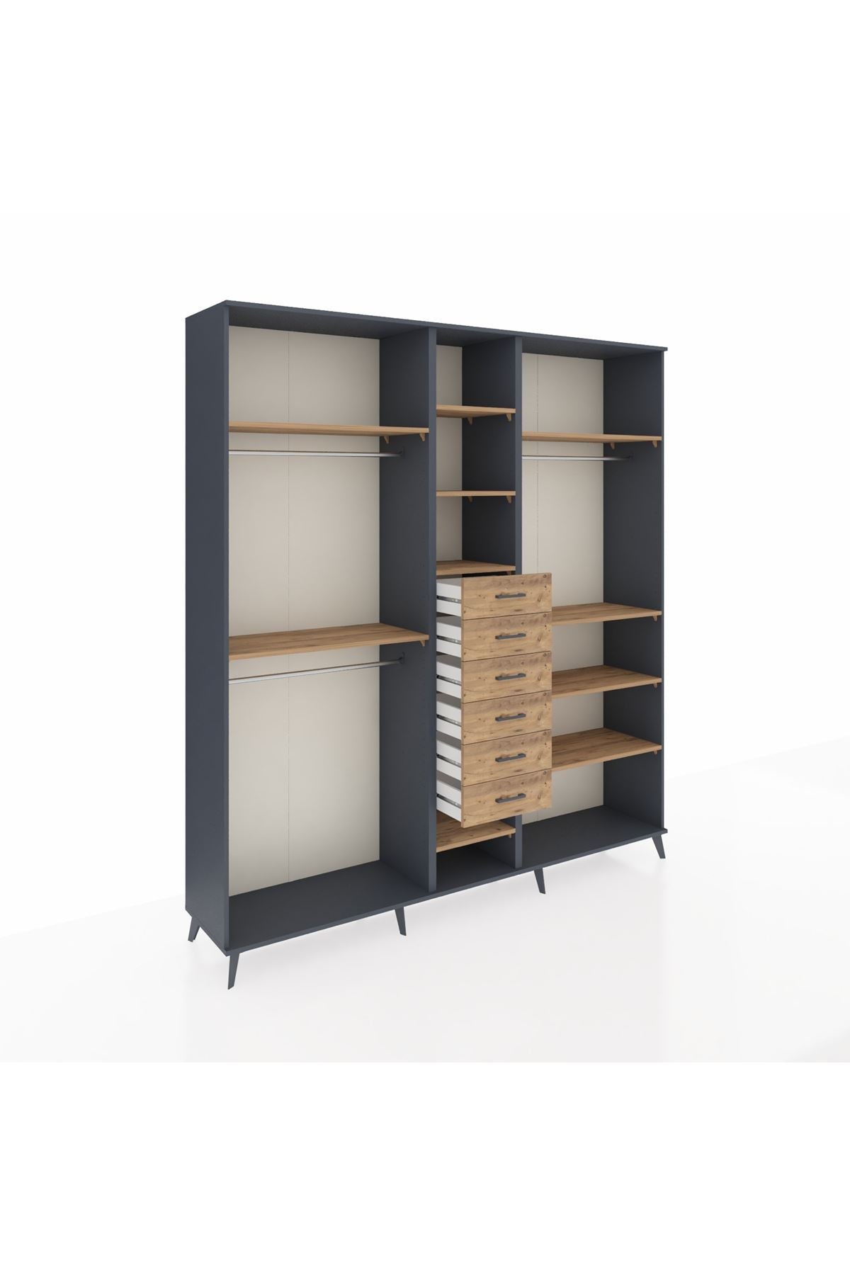 Hyperion Dolap 10 Raflı 6 Çekmeceli 3 Askılı 220x44x243 Antrasit-Çam/Çam