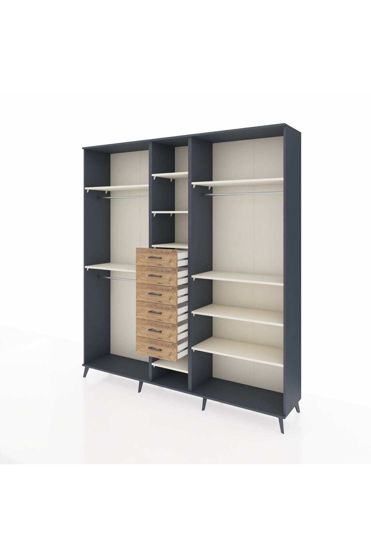 Hyperion Dolap 10 Raflı 6 Çekmeceli 3 Askılı 220x44x243 Antrasit-Aytaşı/Çam