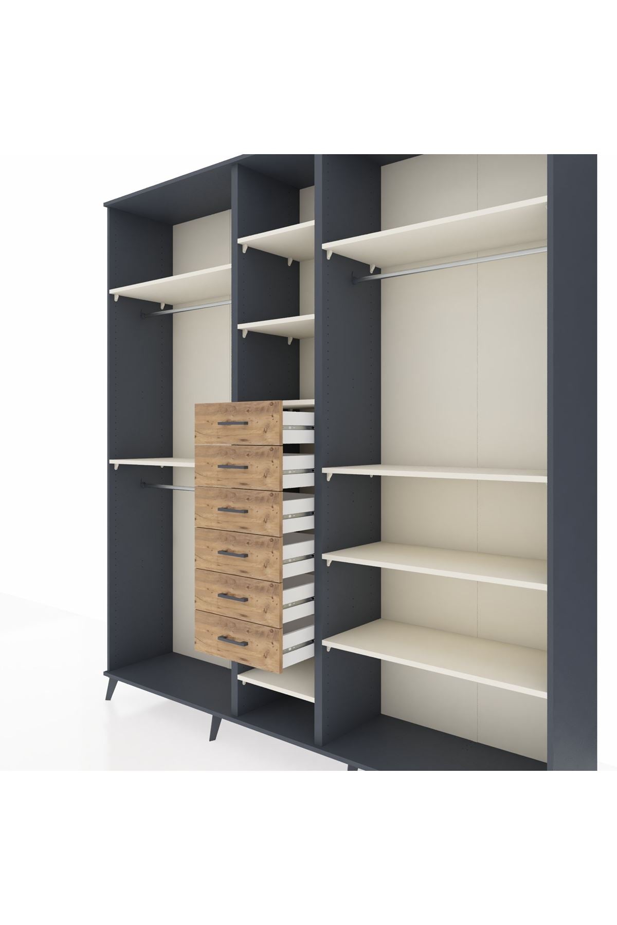 Hyperion Dolap 10 Raflı 6 Çekmeceli 3 Askılı 220x44x243 Antrasit-Aytaşı/Çam