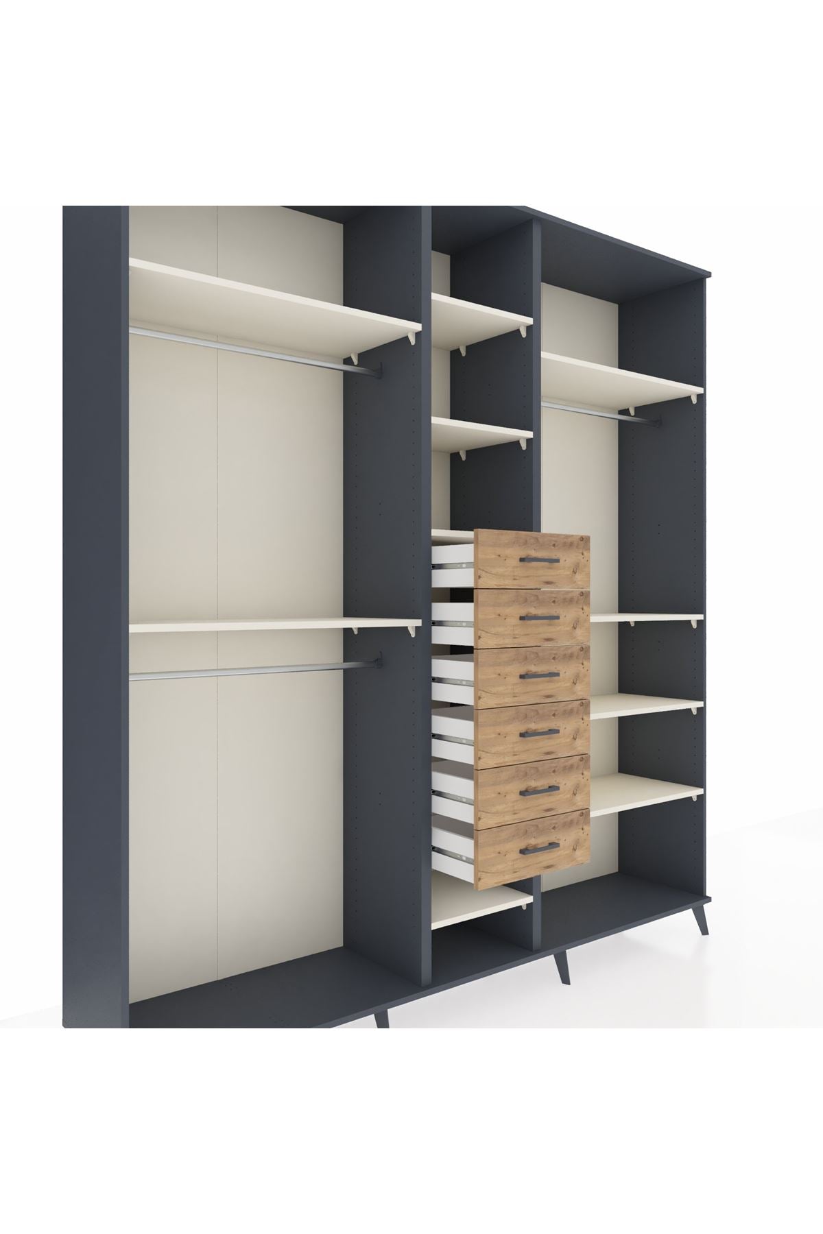 Hyperion Dolap 10 Raflı 6 Çekmeceli 3 Askılı 220x44x243 Antrasit-Aytaşı/Çam