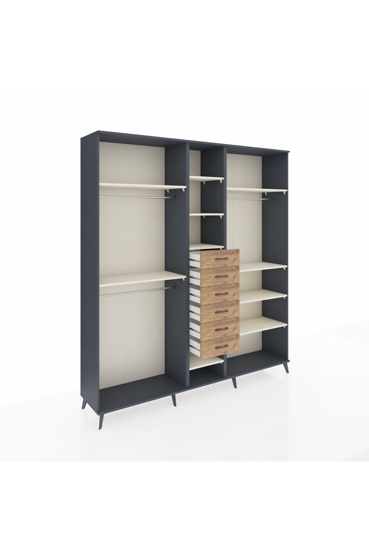 Hyperion Dolap 10 Raflı 6 Çekmeceli 3 Askılı 220x44x243 Antrasit-Aytaşı/Çam