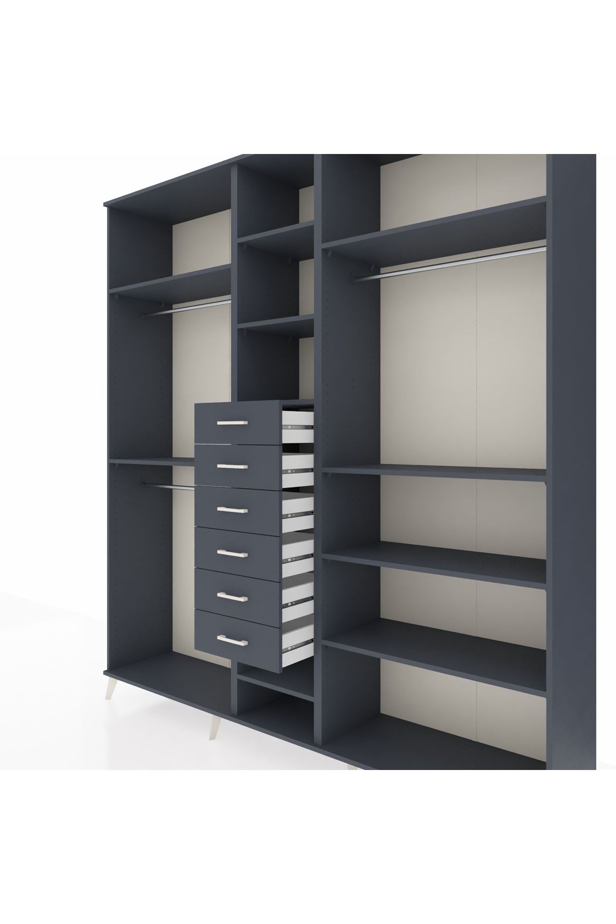Hyperion Dolap 10 Raflı 6 Çekmeceli 3 Askılı 220x44x243 Antrasit-Antrasit/Antrasit