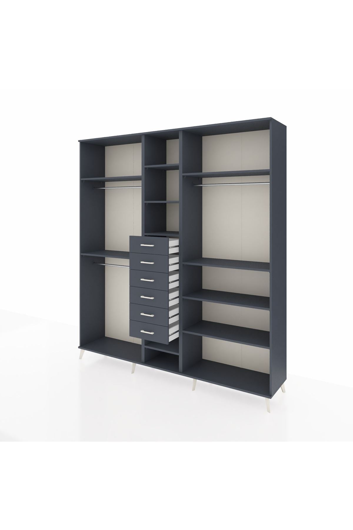 Hyperion Dolap 10 Raflı 6 Çekmeceli 3 Askılı 220x44x243 Antrasit-Antrasit/Antrasit