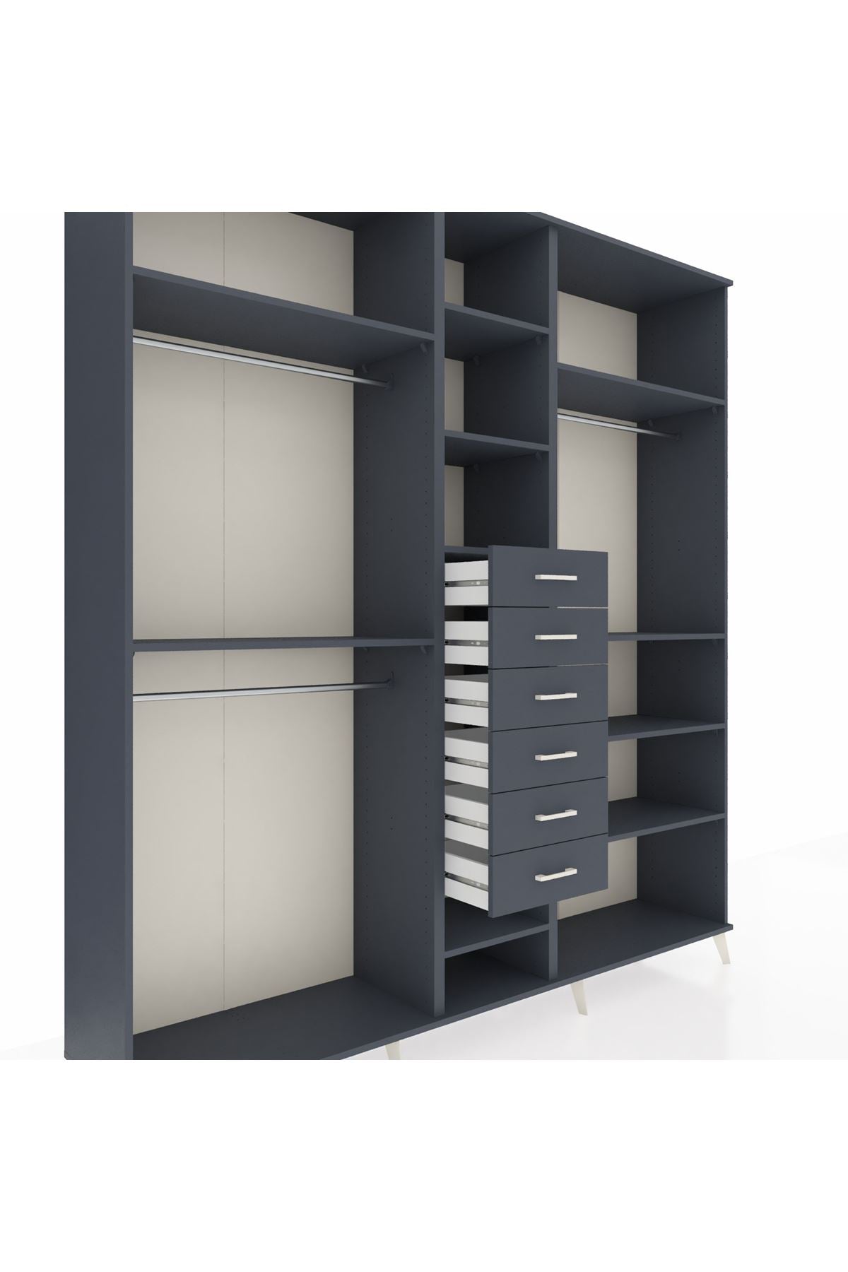 Hyperion Dolap 10 Raflı 6 Çekmeceli 3 Askılı 220x44x243 Antrasit-Antrasit/Antrasit