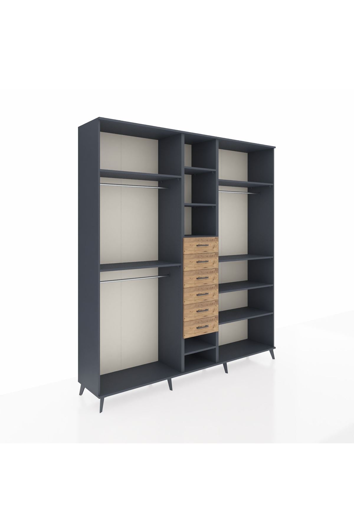 Hyperion Dolap 10 Raflı 6 Çekmeceli 3 Askılı 220x44x243 Antrasit-Antrasit/Çam