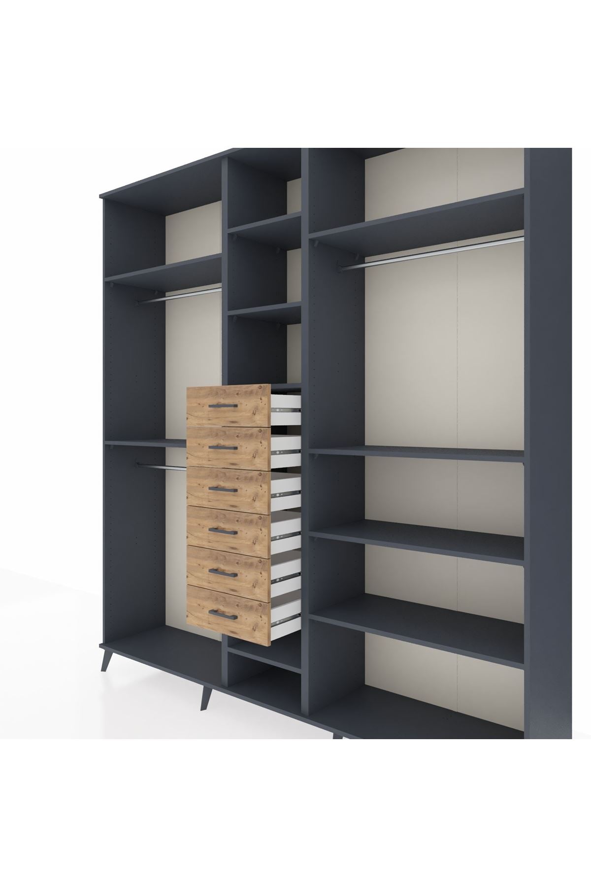 Hyperion Dolap 10 Raflı 6 Çekmeceli 3 Askılı 220x44x243 Antrasit-Antrasit/Çam