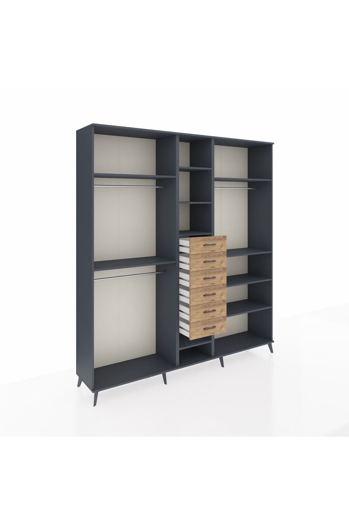 Hyperion Dolap 10 Raflı 6 Çekmeceli 3 Askılı 220x44x243 Antrasit-Antrasit/Çam