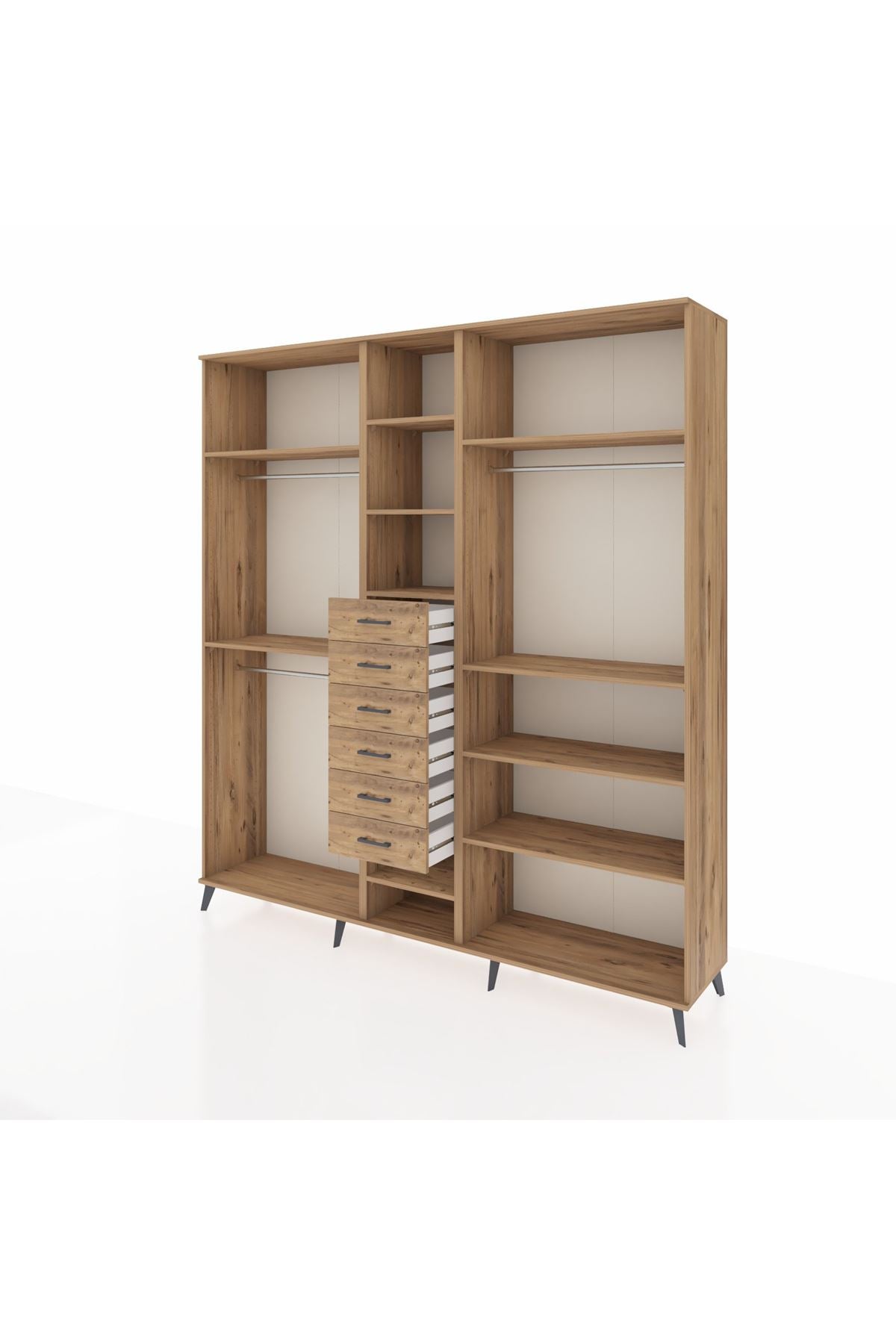 Hyperion Dolap 10 Raflı 6 Çekmeceli 3 Askılı 220x44x243 Çam-Çam/Çam