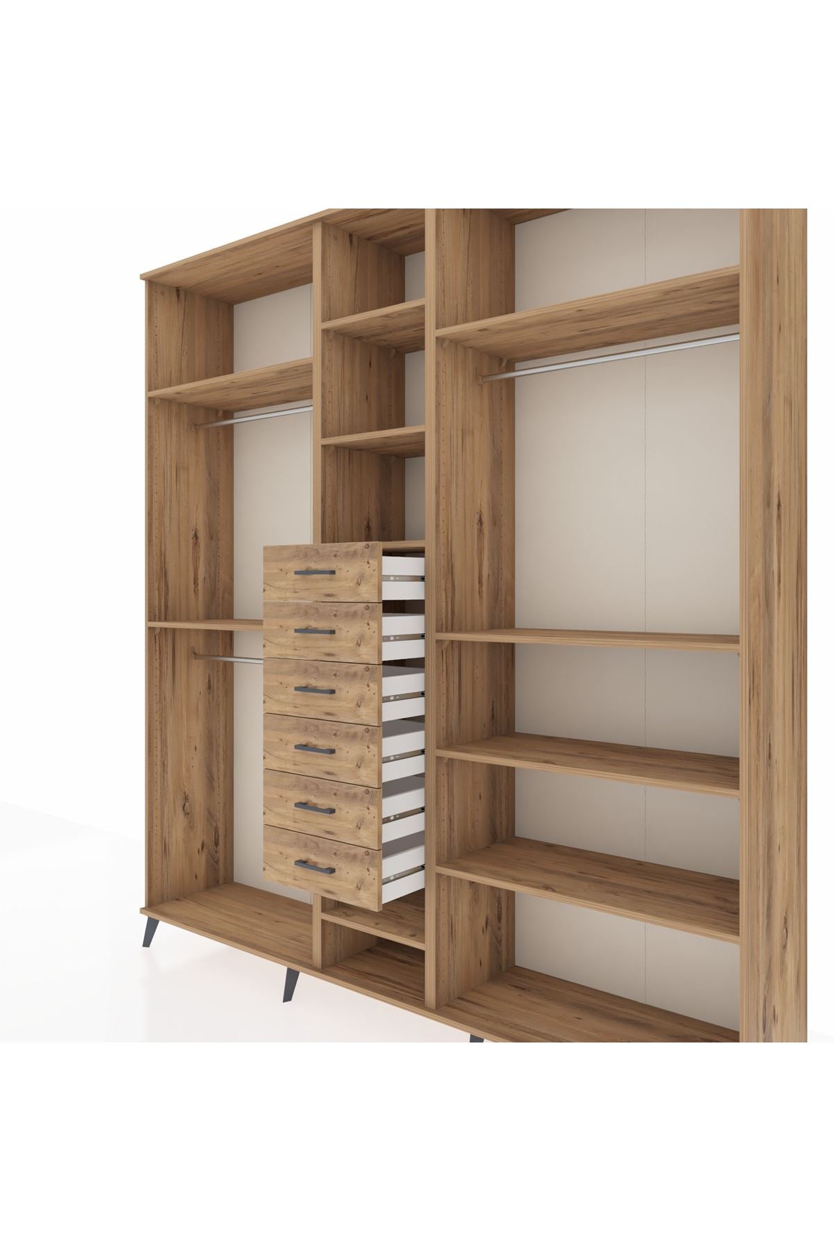 Hyperion Dolap 10 Raflı 6 Çekmeceli 3 Askılı 220x44x243 Çam-Çam/Çam