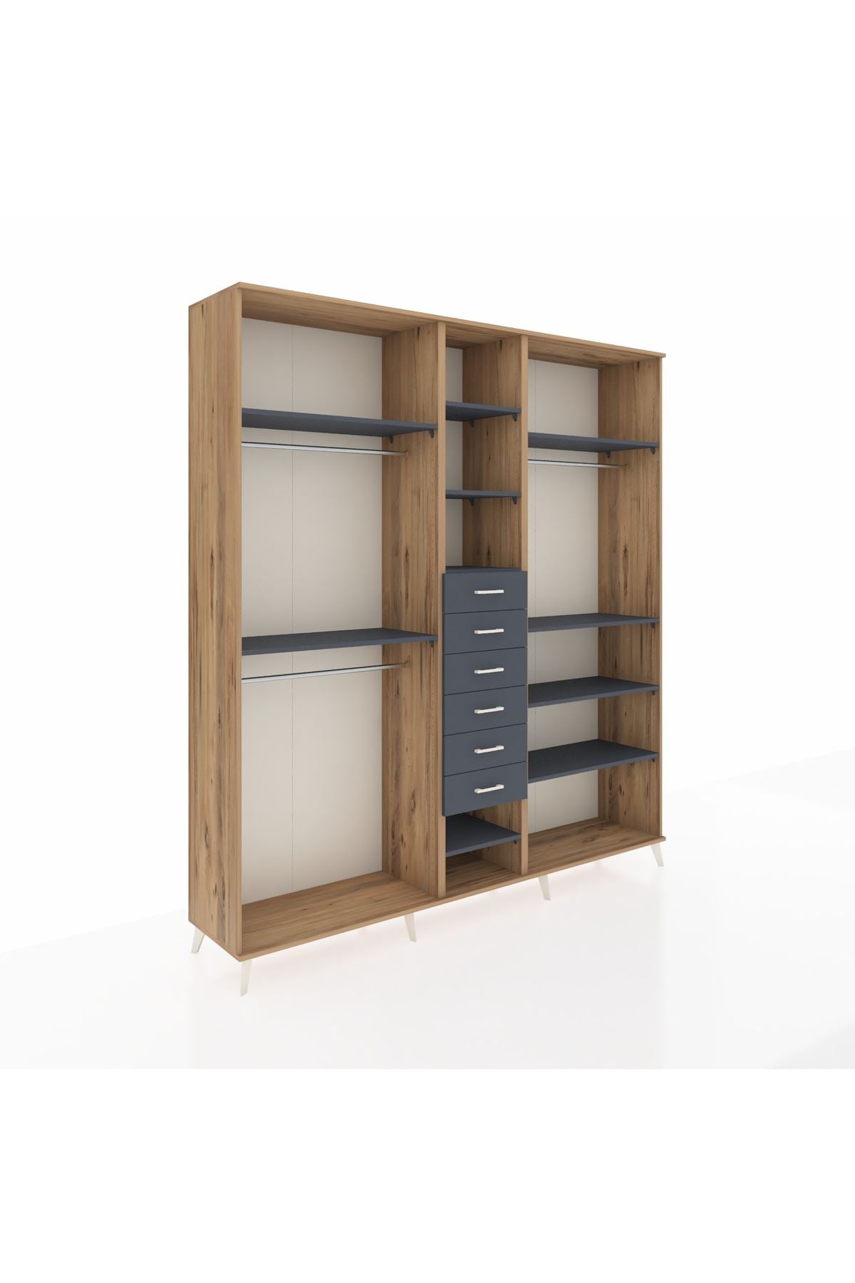 Hyperion Dolap 10 Raflı 6 Çekmeceli 3 Askılı 220x44x243 Çam-Antrasit/Antrasit