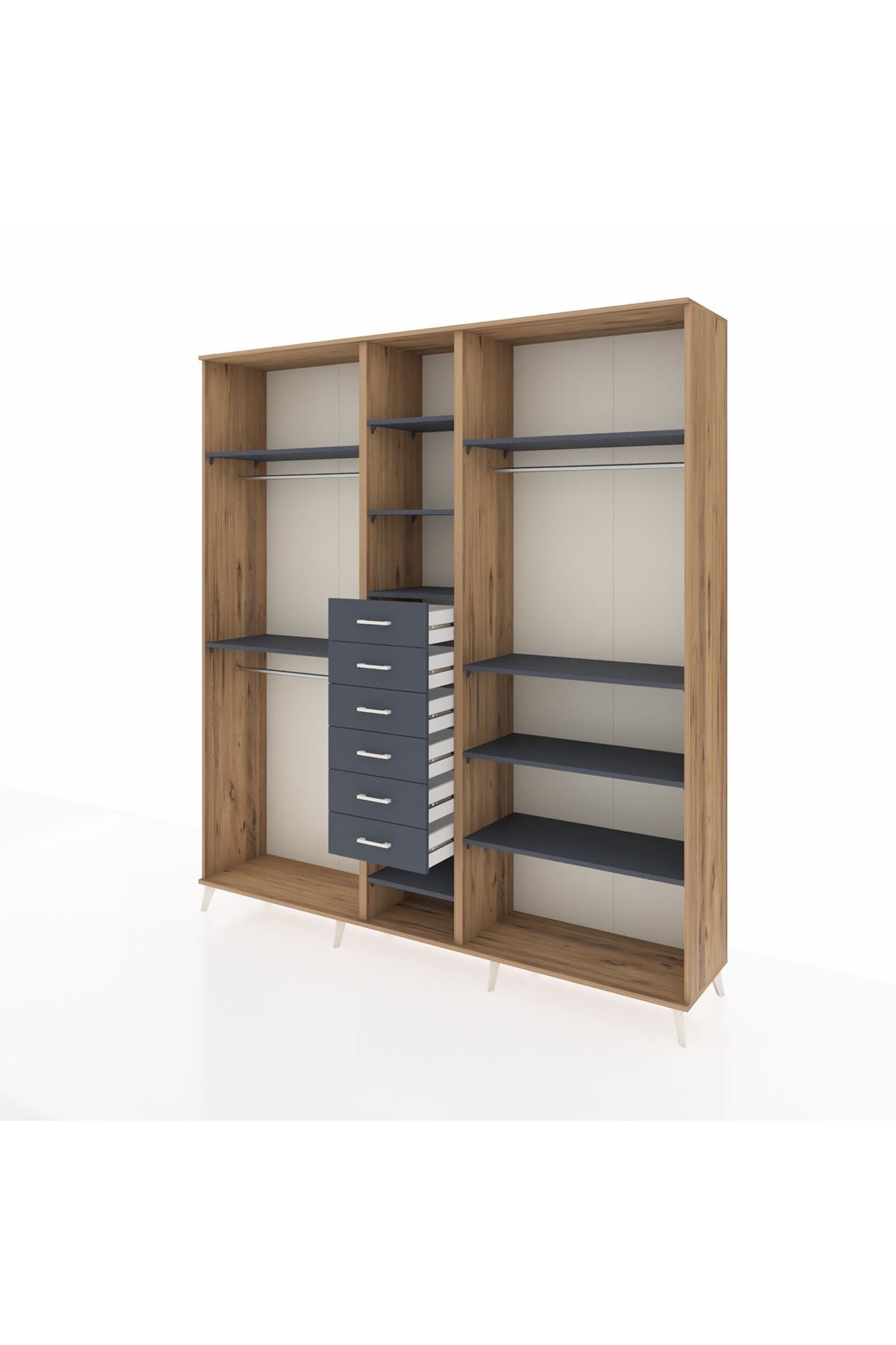 Hyperion Dolap 10 Raflı 6 Çekmeceli 3 Askılı 220x44x243 Çam-Antrasit/Antrasit