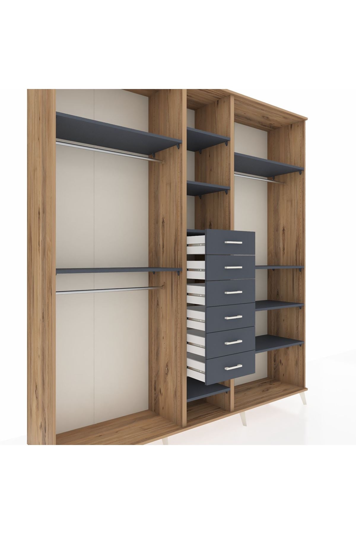 Hyperion Dolap 10 Raflı 6 Çekmeceli 3 Askılı 220x44x243 Çam-Antrasit/Antrasit