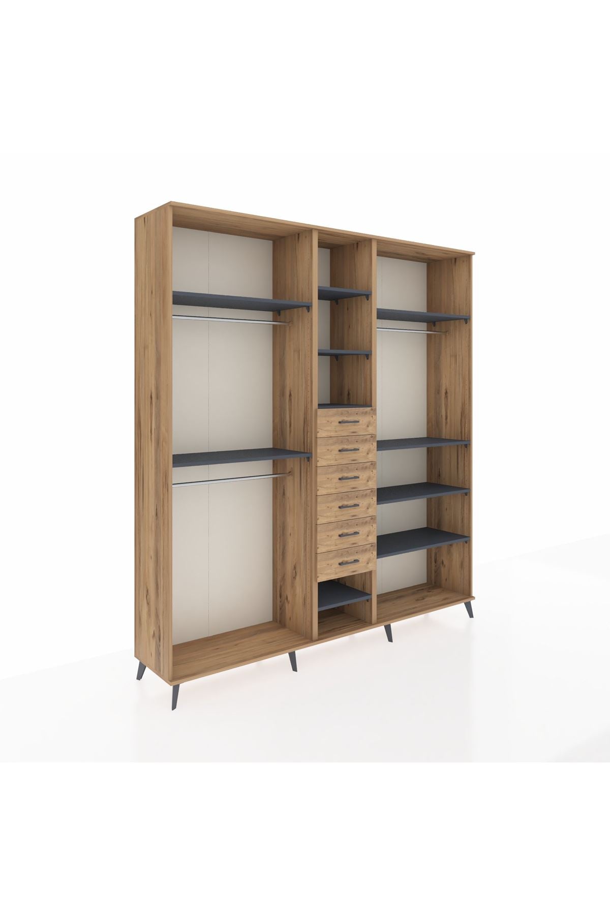 Hyperion Dolap 10 Raflı 6 Çekmeceli 3 Askılı 220x44x243 Çam-Antrasit/Çam