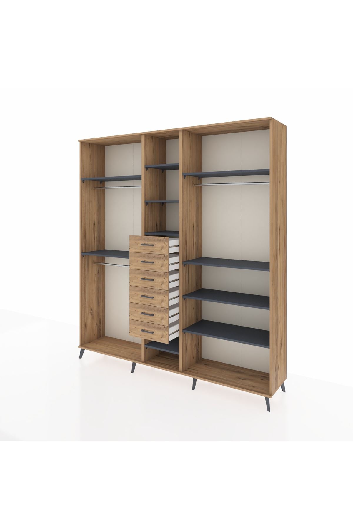 Hyperion Dolap 10 Raflı 6 Çekmeceli 3 Askılı 220x44x243 Çam-Antrasit/Çam