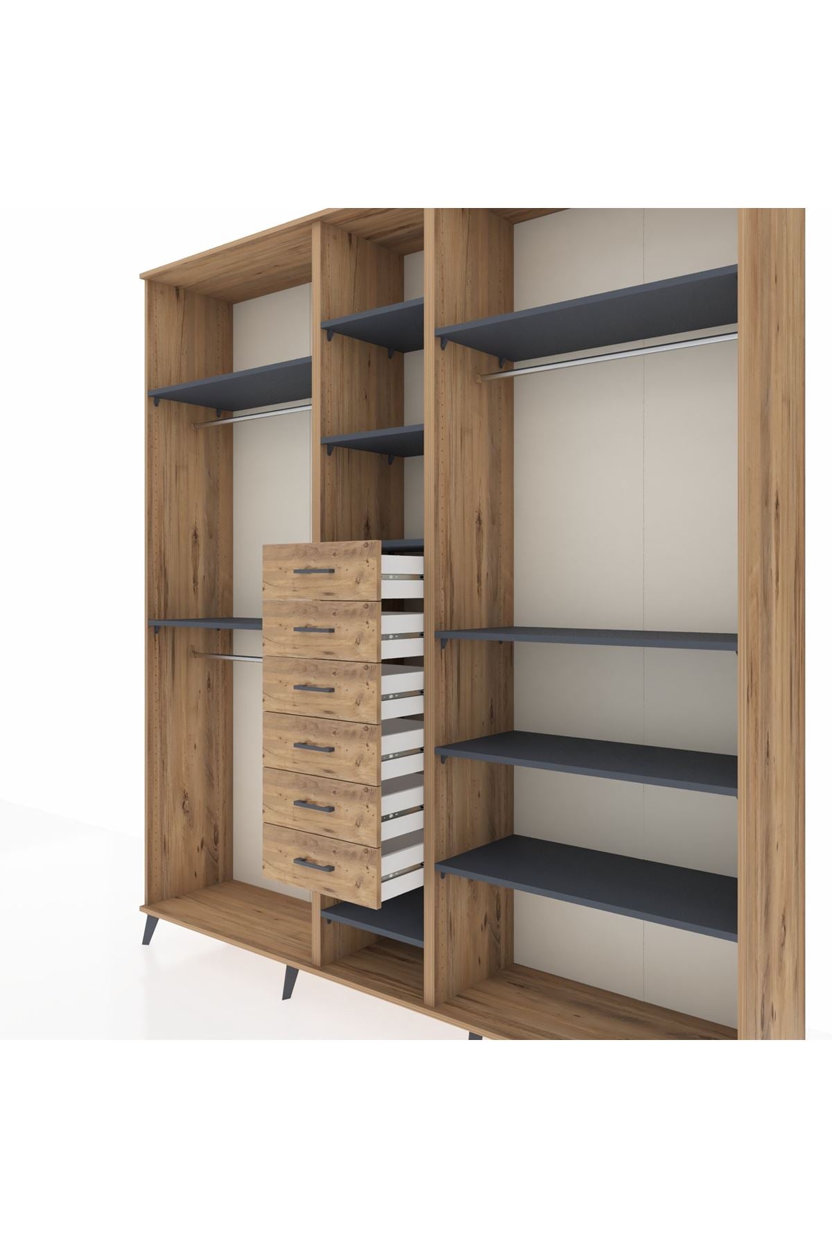 Hyperion Dolap 10 Raflı 6 Çekmeceli 3 Askılı 220x44x243 Çam-Antrasit/Çam