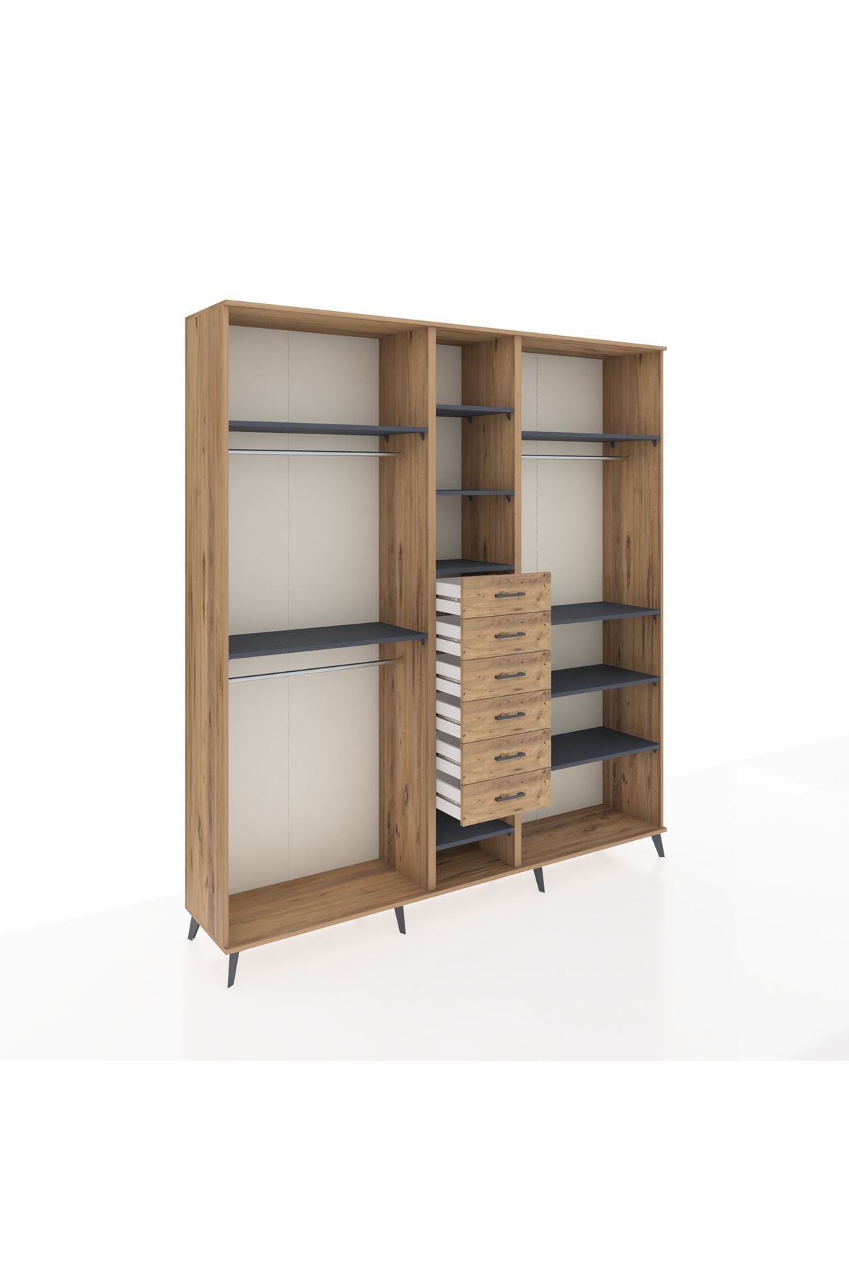 Hyperion Dolap 10 Raflı 6 Çekmeceli 3 Askılı 220x44x243 Çam-Antrasit/Çam