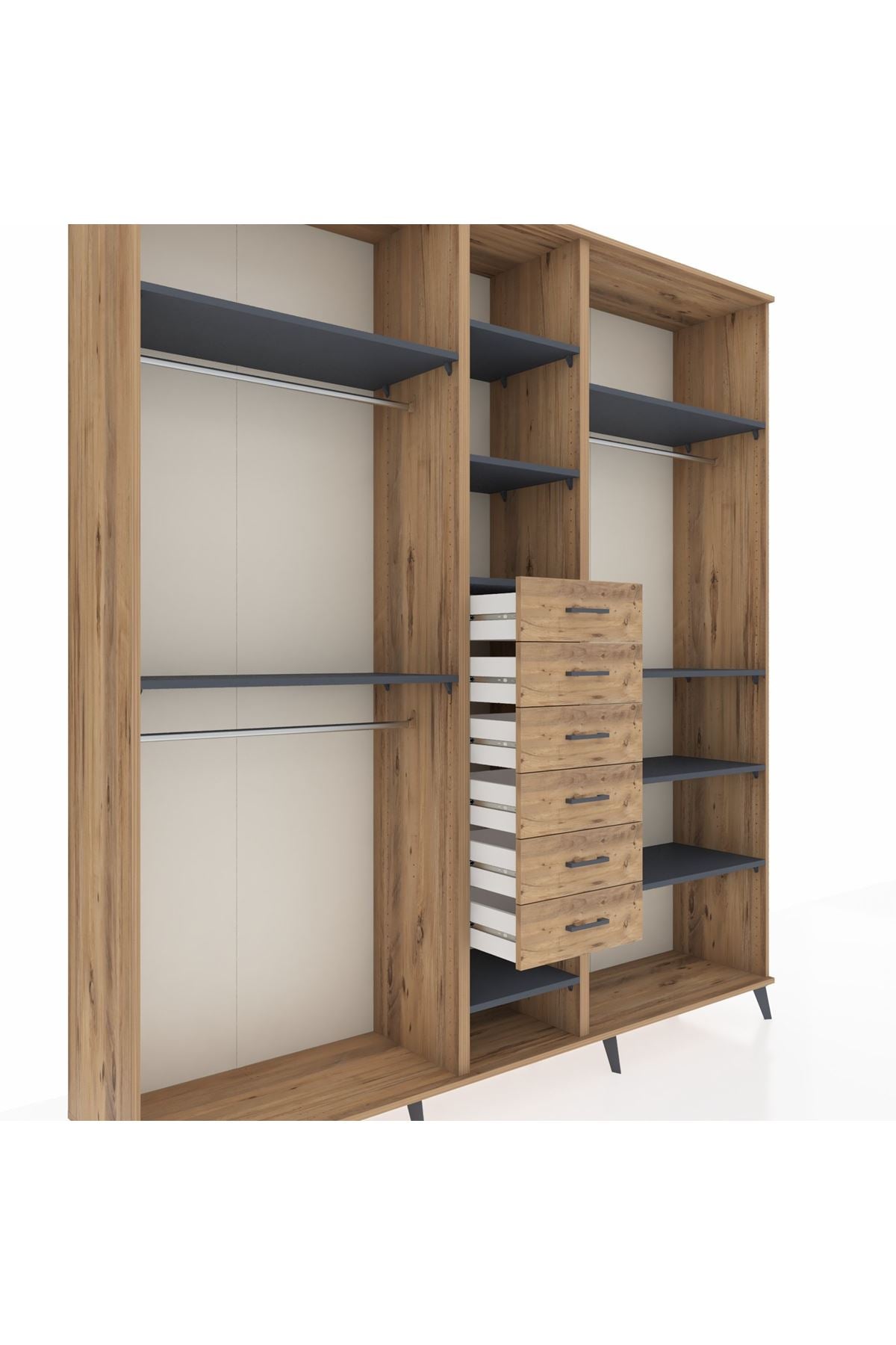 Hyperion Dolap 10 Raflı 6 Çekmeceli 3 Askılı 220x44x243 Çam-Antrasit/Çam