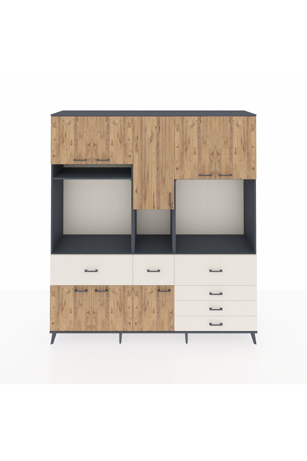 Hyperion Dolap 10 Raflı 6 Çekmeceli 8 Kapaklı 220x44x243 Antrasit-Çam/Aytaşı