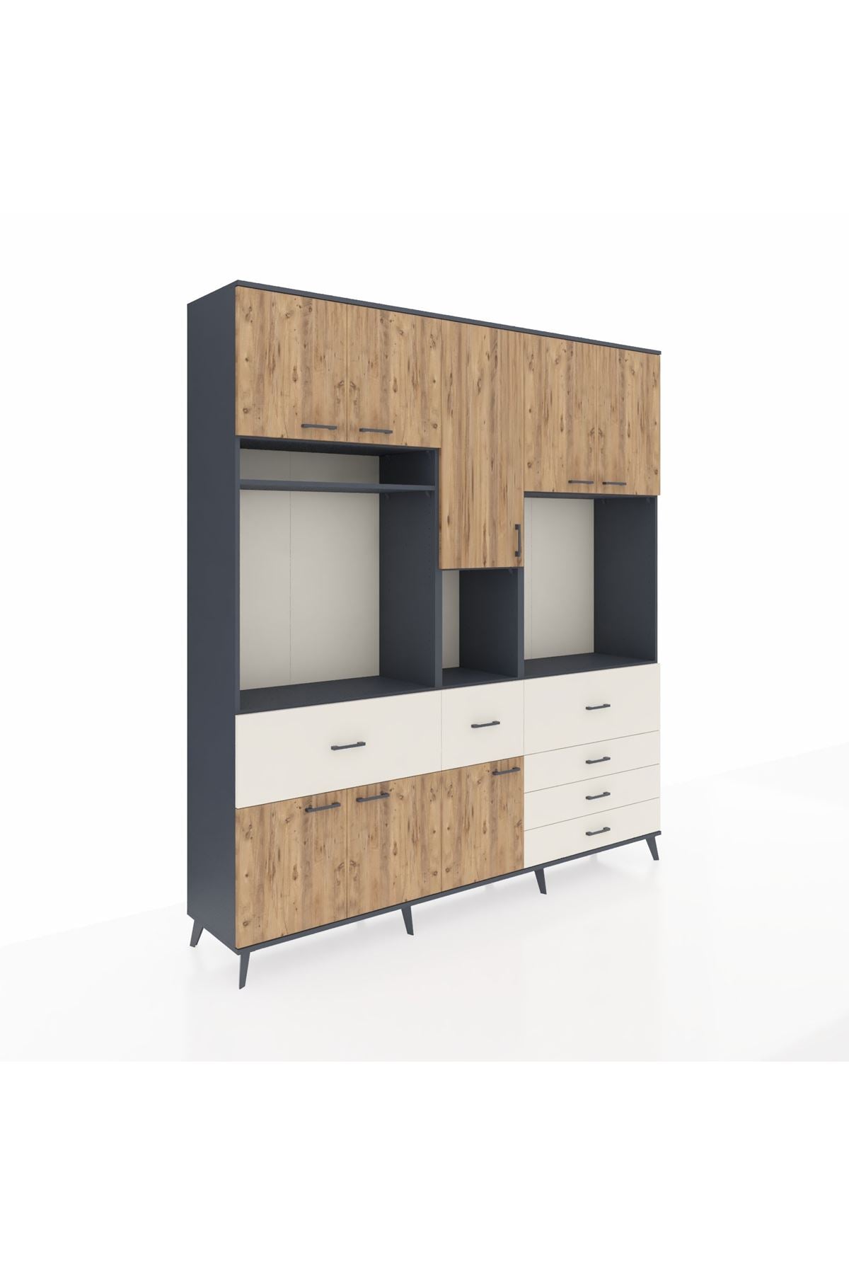 Hyperion Dolap 10 Raflı 6 Çekmeceli 8 Kapaklı 220x44x243 Antrasit-Çam/Aytaşı