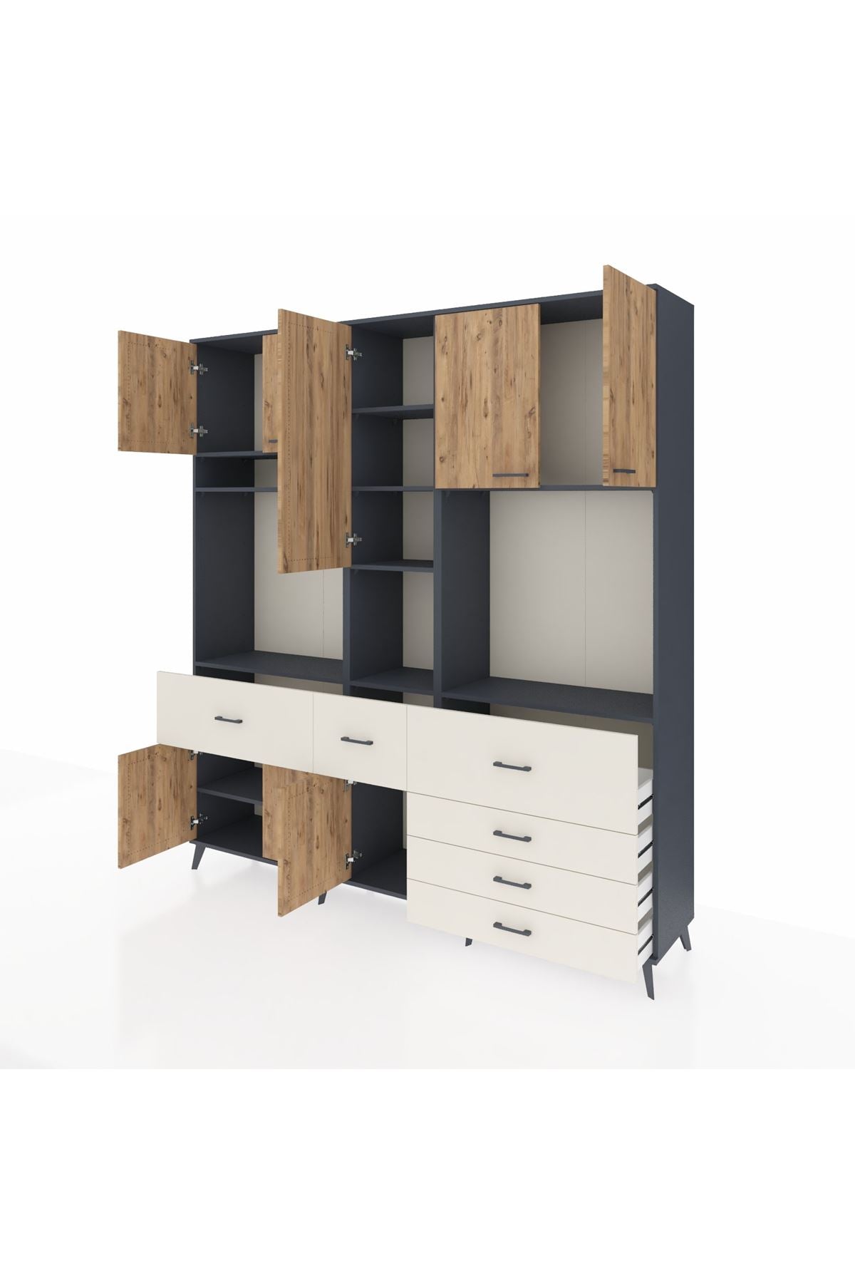 Hyperion Dolap 10 Raflı 6 Çekmeceli 8 Kapaklı 220x44x243 Antrasit-Çam/Aytaşı