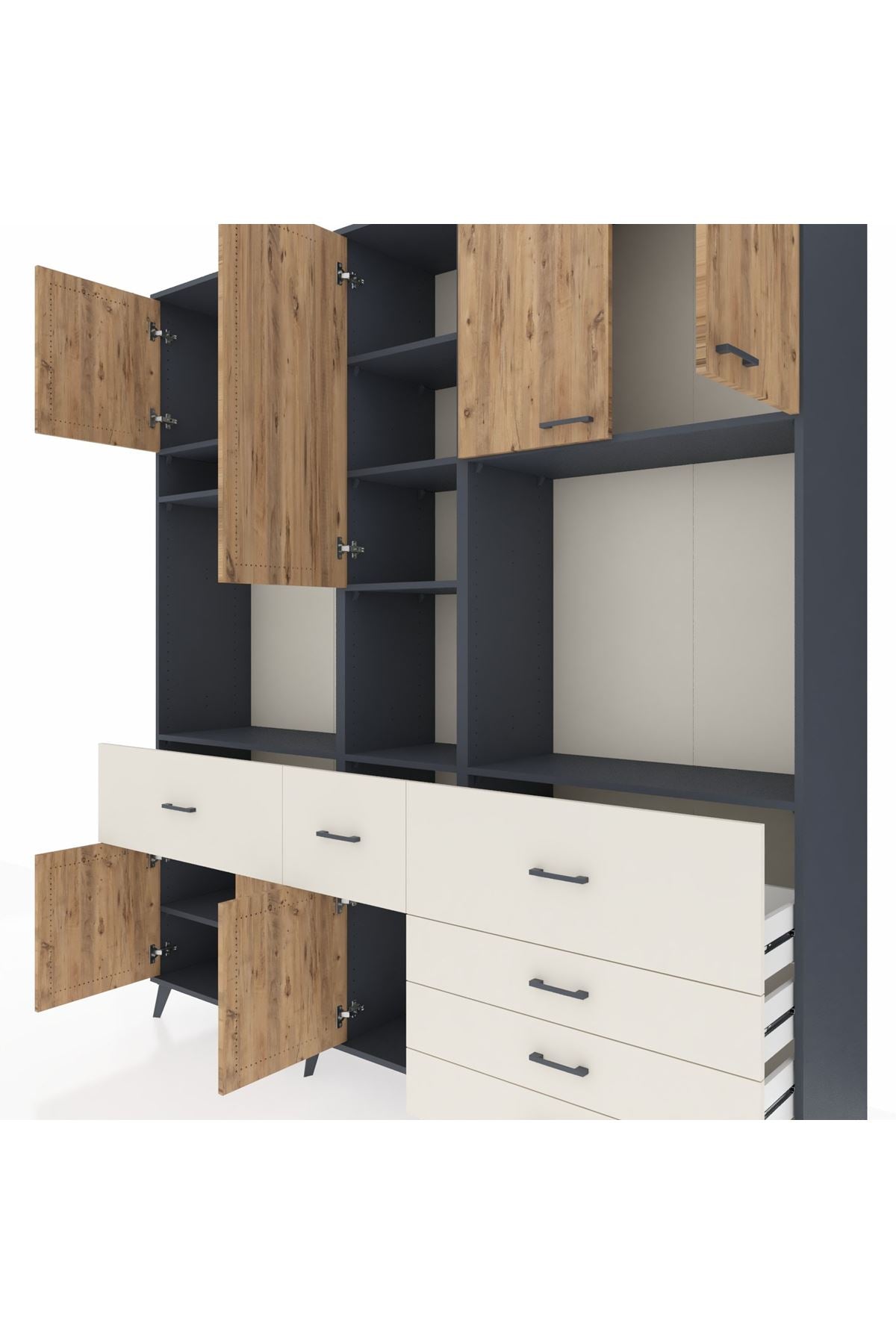 Hyperion Dolap 10 Raflı 6 Çekmeceli 8 Kapaklı 220x44x243 Antrasit-Çam/Aytaşı