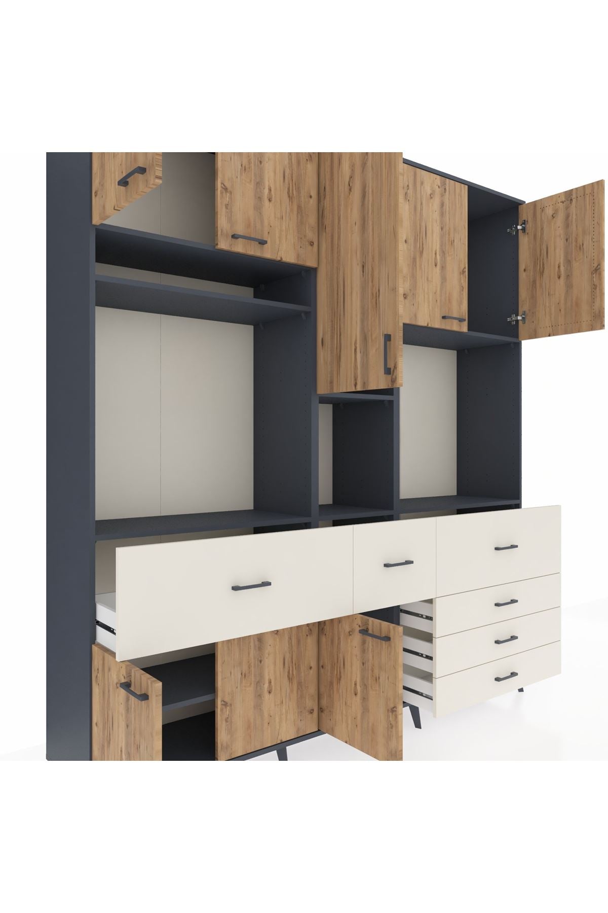 Hyperion Dolap 10 Raflı 6 Çekmeceli 8 Kapaklı 220x44x243 Antrasit-Çam/Aytaşı