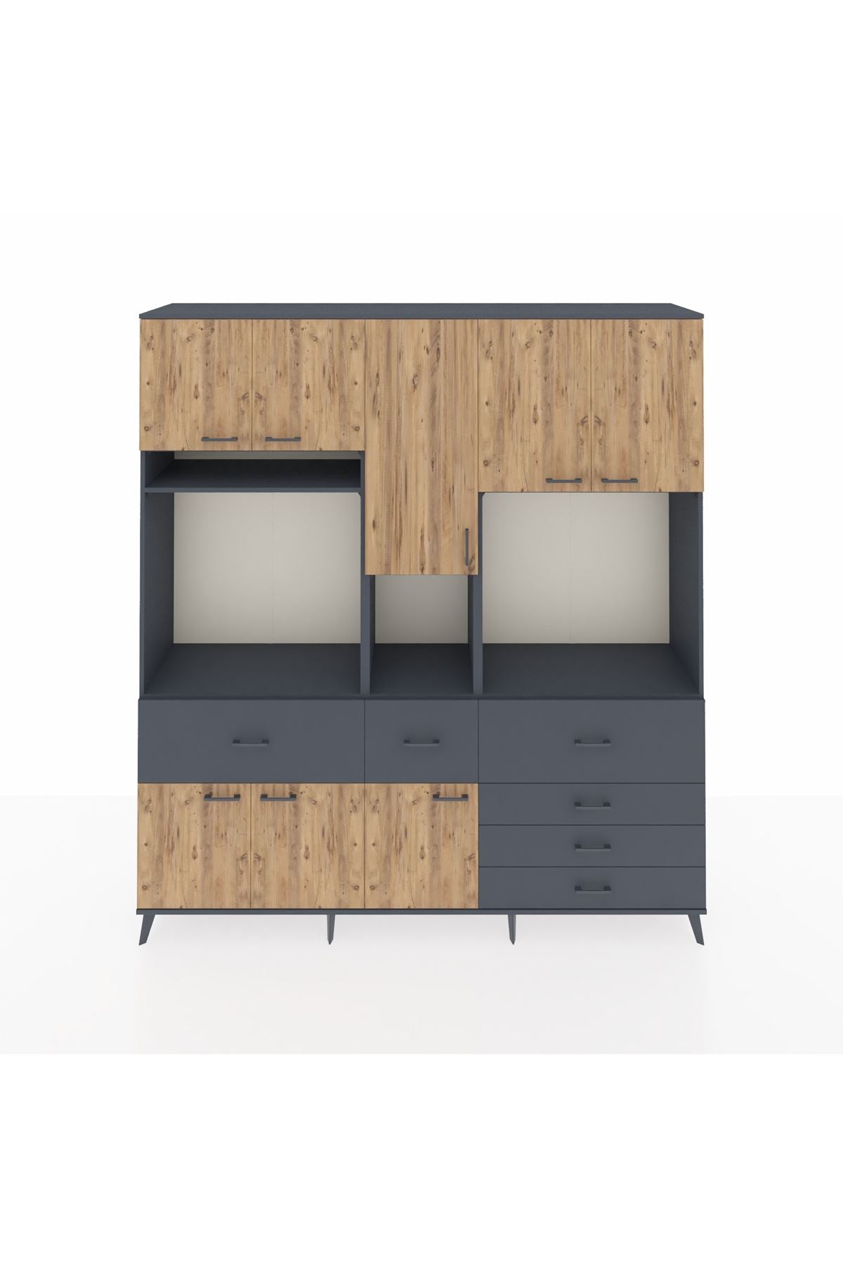 Hyperion Dolap 10 Raflı 6 Çekmeceli 8 Kapaklı 220x44x243 Antrasit-Çam/Antrasit