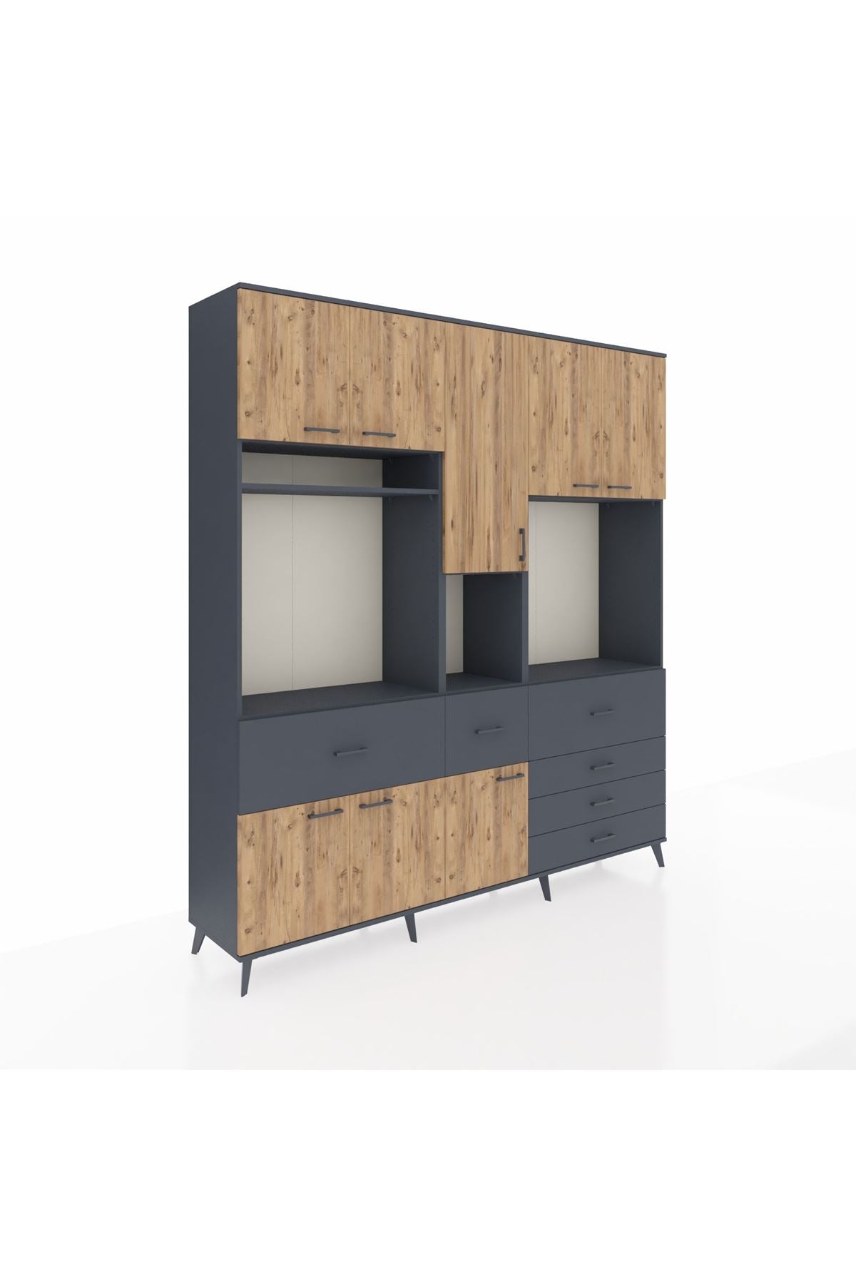 Hyperion Dolap 10 Raflı 6 Çekmeceli 8 Kapaklı 220x44x243 Antrasit-Çam/Antrasit