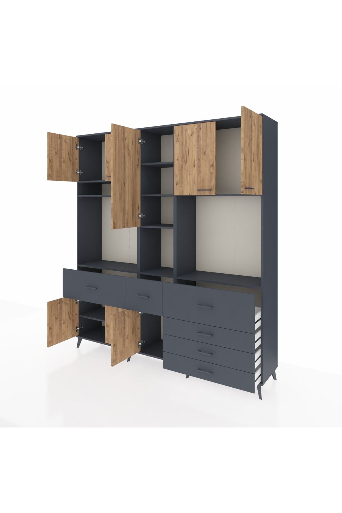 Hyperion Dolap 10 Raflı 6 Çekmeceli 8 Kapaklı 220x44x243 Antrasit-Çam/Antrasit