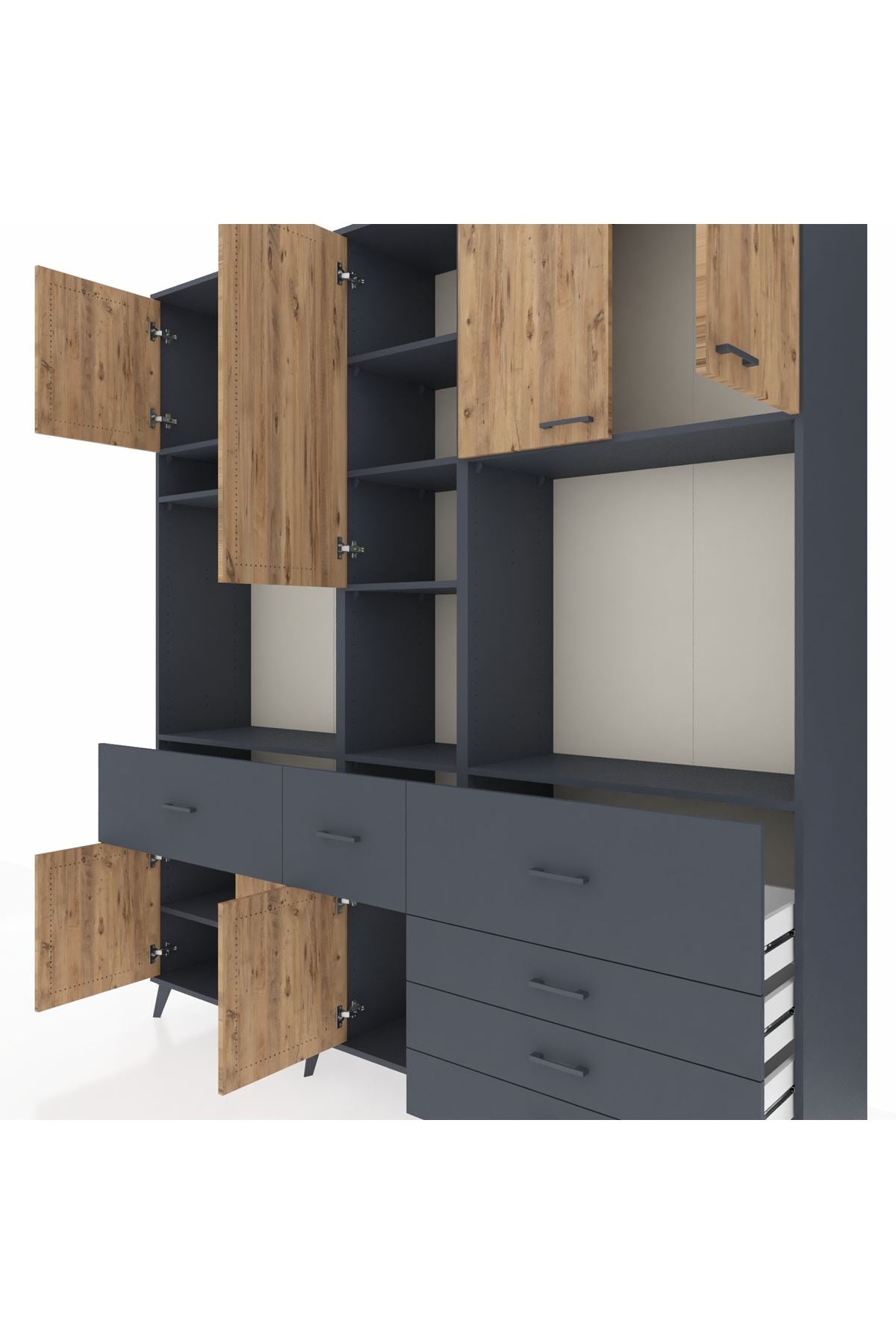 Hyperion Dolap 10 Raflı 6 Çekmeceli 8 Kapaklı 220x44x243 Antrasit-Çam/Antrasit