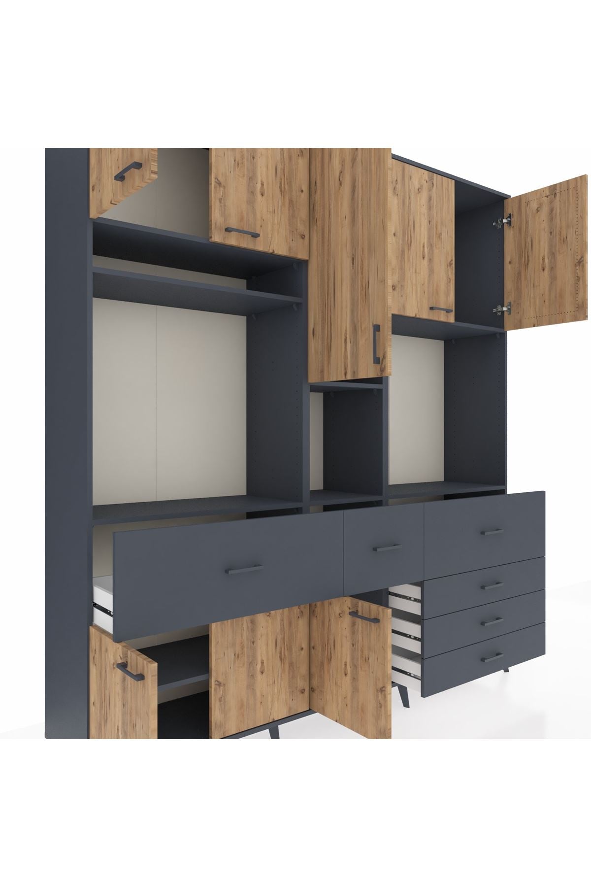 Hyperion Dolap 10 Raflı 6 Çekmeceli 8 Kapaklı 220x44x243 Antrasit-Çam/Antrasit