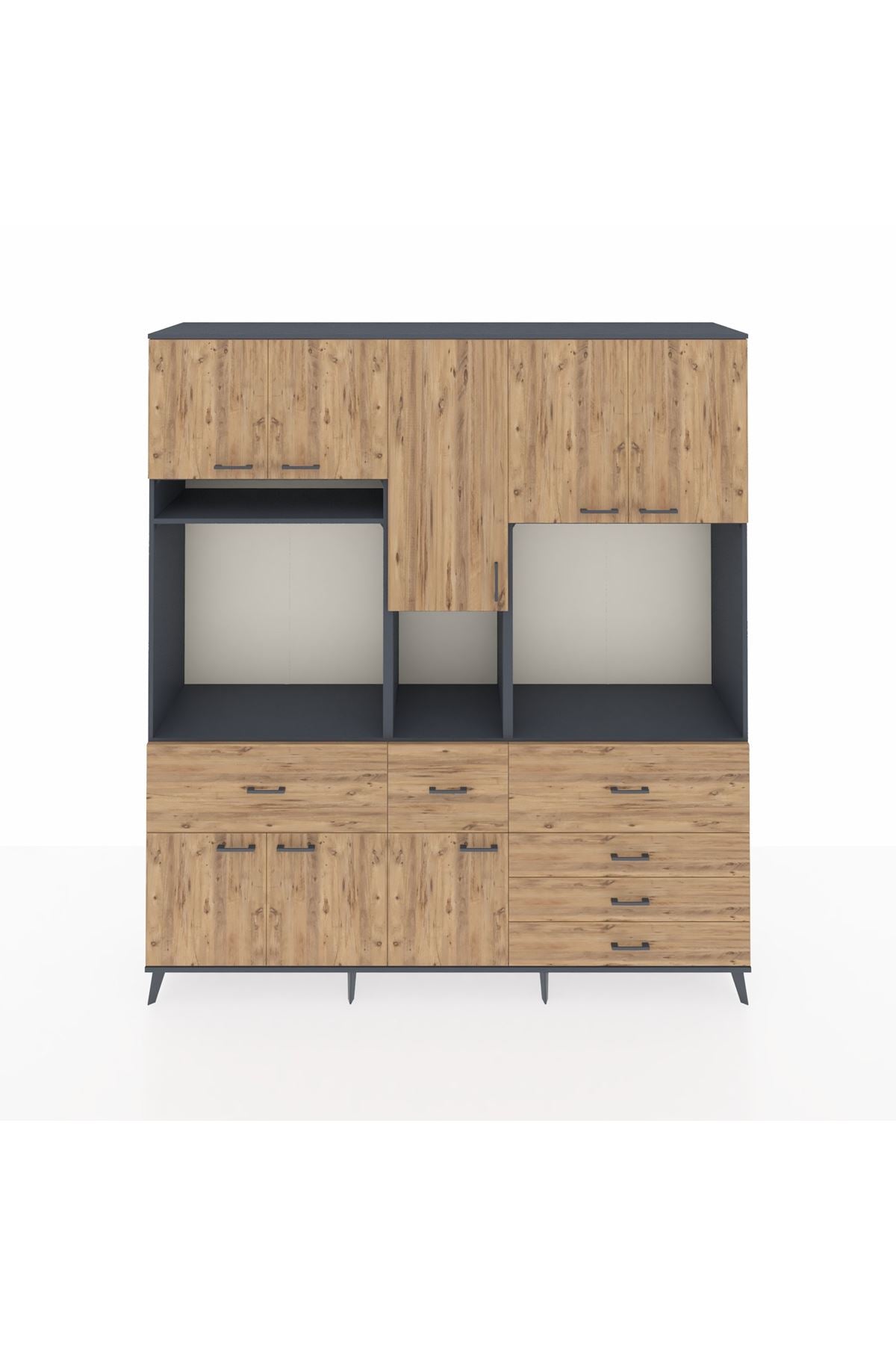 Hyperion Dolap 10 Raflı 6 Çekmeceli 8 Kapaklı 220x44x243 Antrasit-Çam/Çam