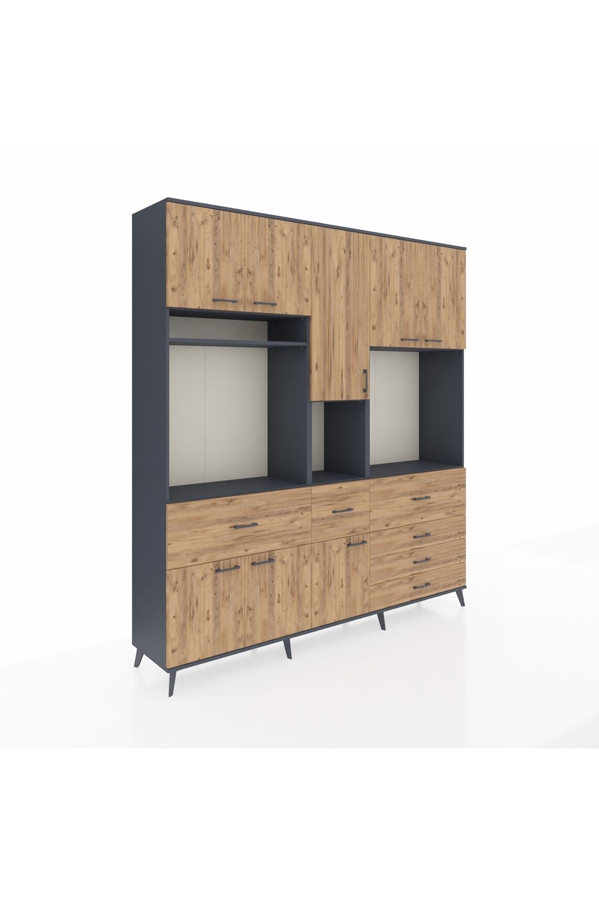 Hyperion Dolap 10 Raflı 6 Çekmeceli 8 Kapaklı 220x44x243 Antrasit-Çam/Çam