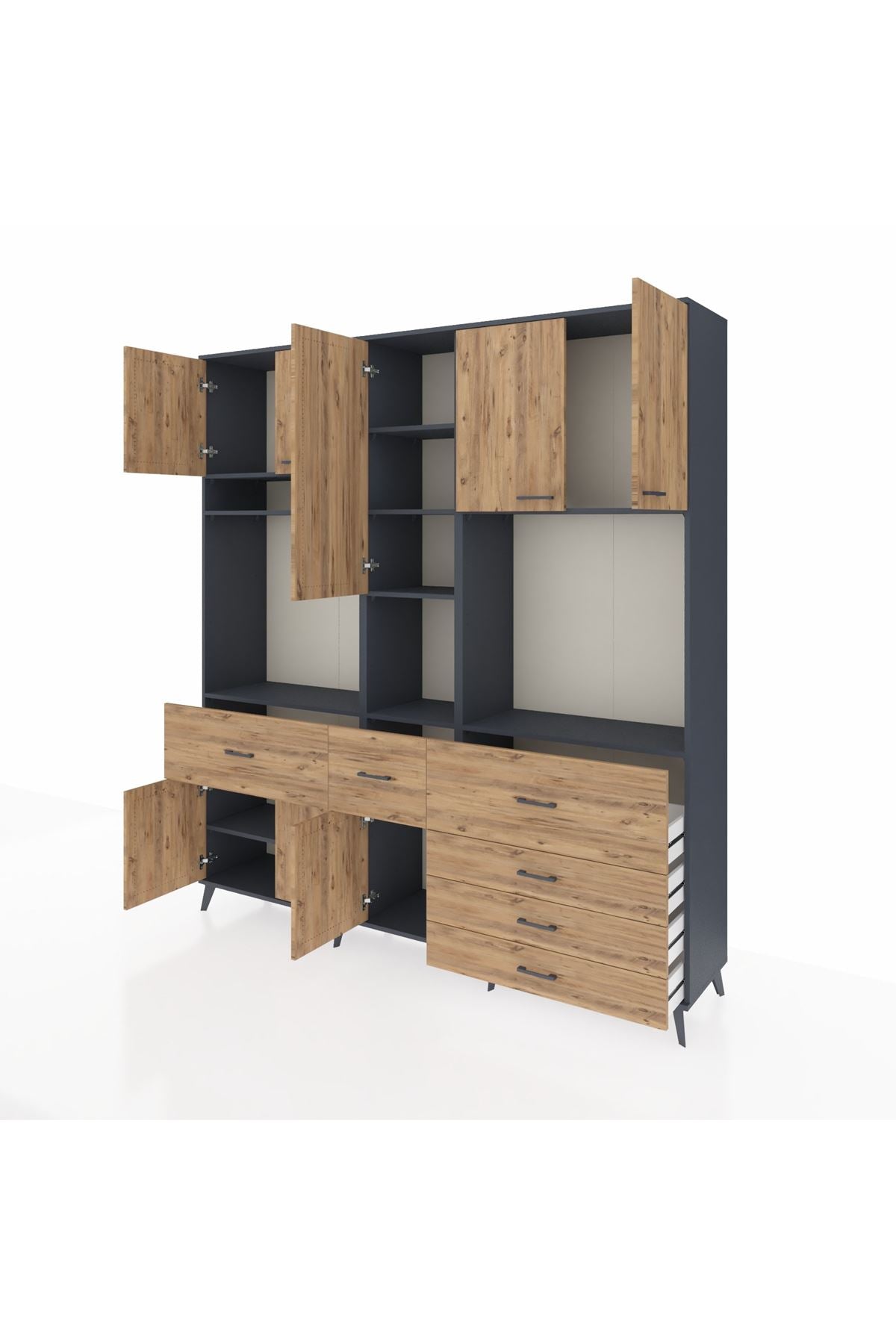 Hyperion Dolap 10 Raflı 6 Çekmeceli 8 Kapaklı 220x44x243 Antrasit-Çam/Çam