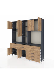 Hyperion Dolap 10 Raflı 6 Çekmeceli 8 Kapaklı 220x44x243 Antrasit-Çam/Çam