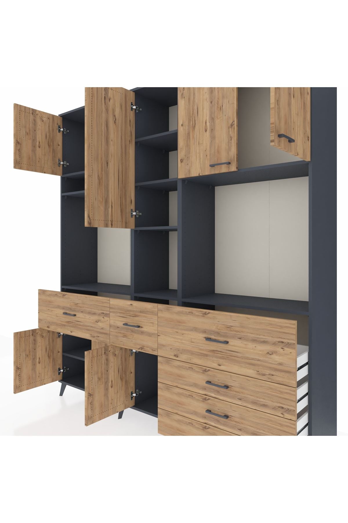 Hyperion Dolap 10 Raflı 6 Çekmeceli 8 Kapaklı 220x44x243 Antrasit-Çam/Çam