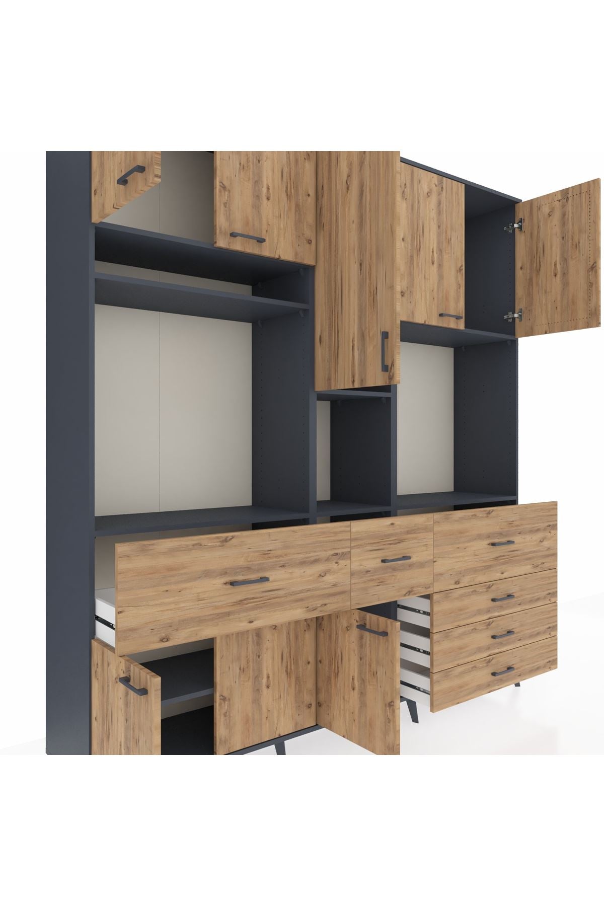 Hyperion Dolap 10 Raflı 6 Çekmeceli 8 Kapaklı 220x44x243 Antrasit-Çam/Çam