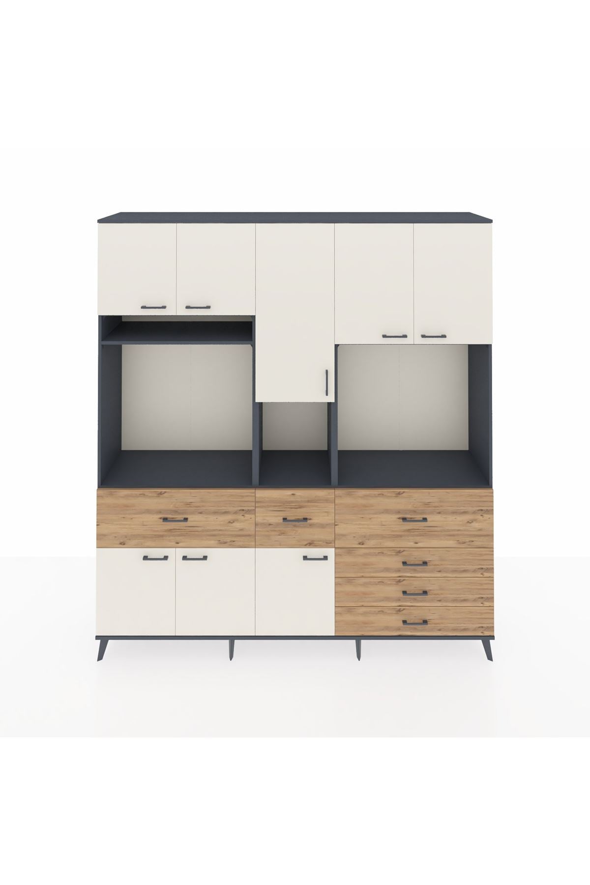 Hyperion Dolap 10 Raflı 6 Çekmeceli 8 Kapaklı 220x44x243 Antrasit-Aytaşı/Çam