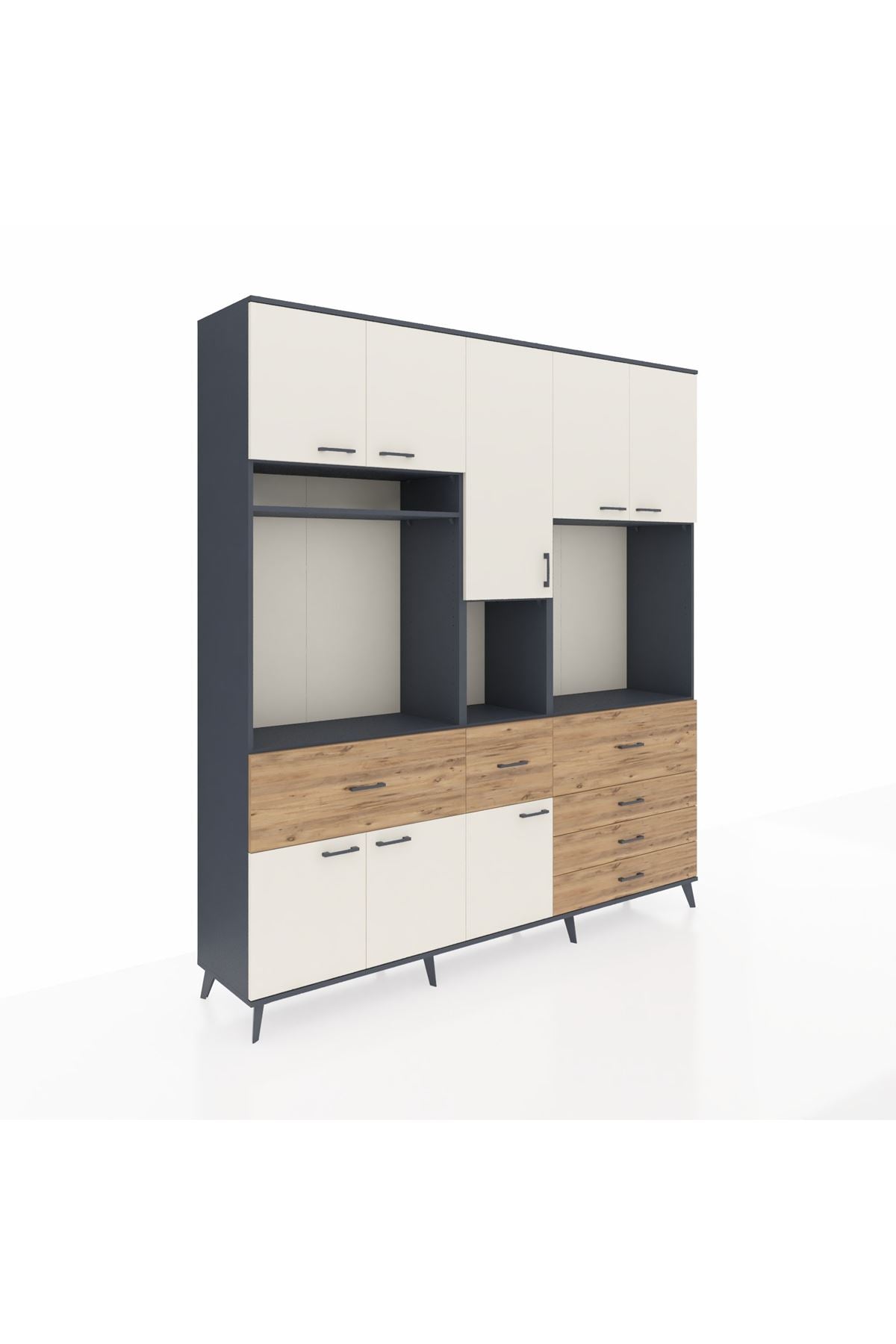 Hyperion Dolap 10 Raflı 6 Çekmeceli 8 Kapaklı 220x44x243 Antrasit-Aytaşı/Çam