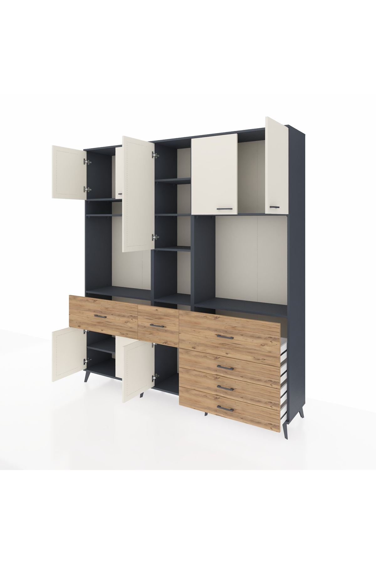 Hyperion Dolap 10 Raflı 6 Çekmeceli 8 Kapaklı 220x44x243 Antrasit-Aytaşı/Çam