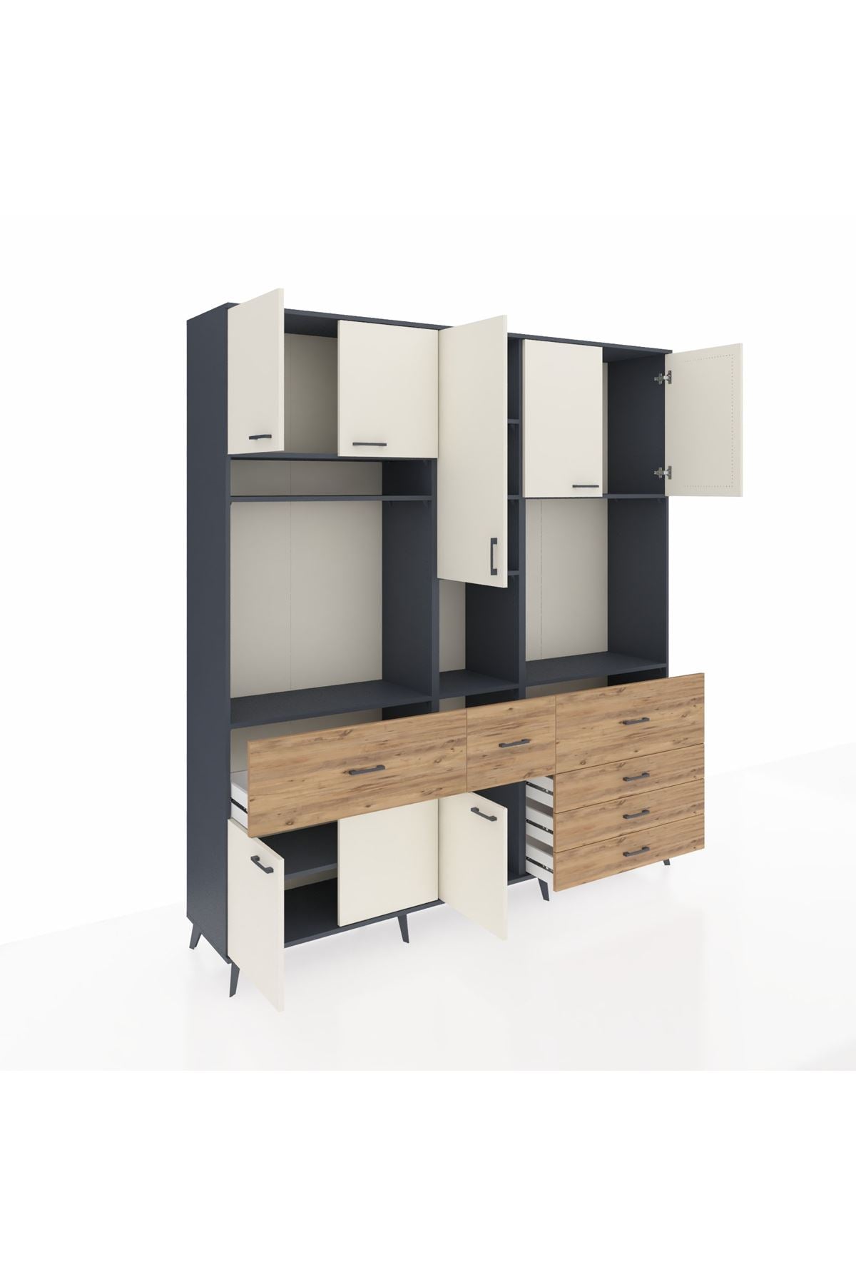 Hyperion Dolap 10 Raflı 6 Çekmeceli 8 Kapaklı 220x44x243 Antrasit-Aytaşı/Çam