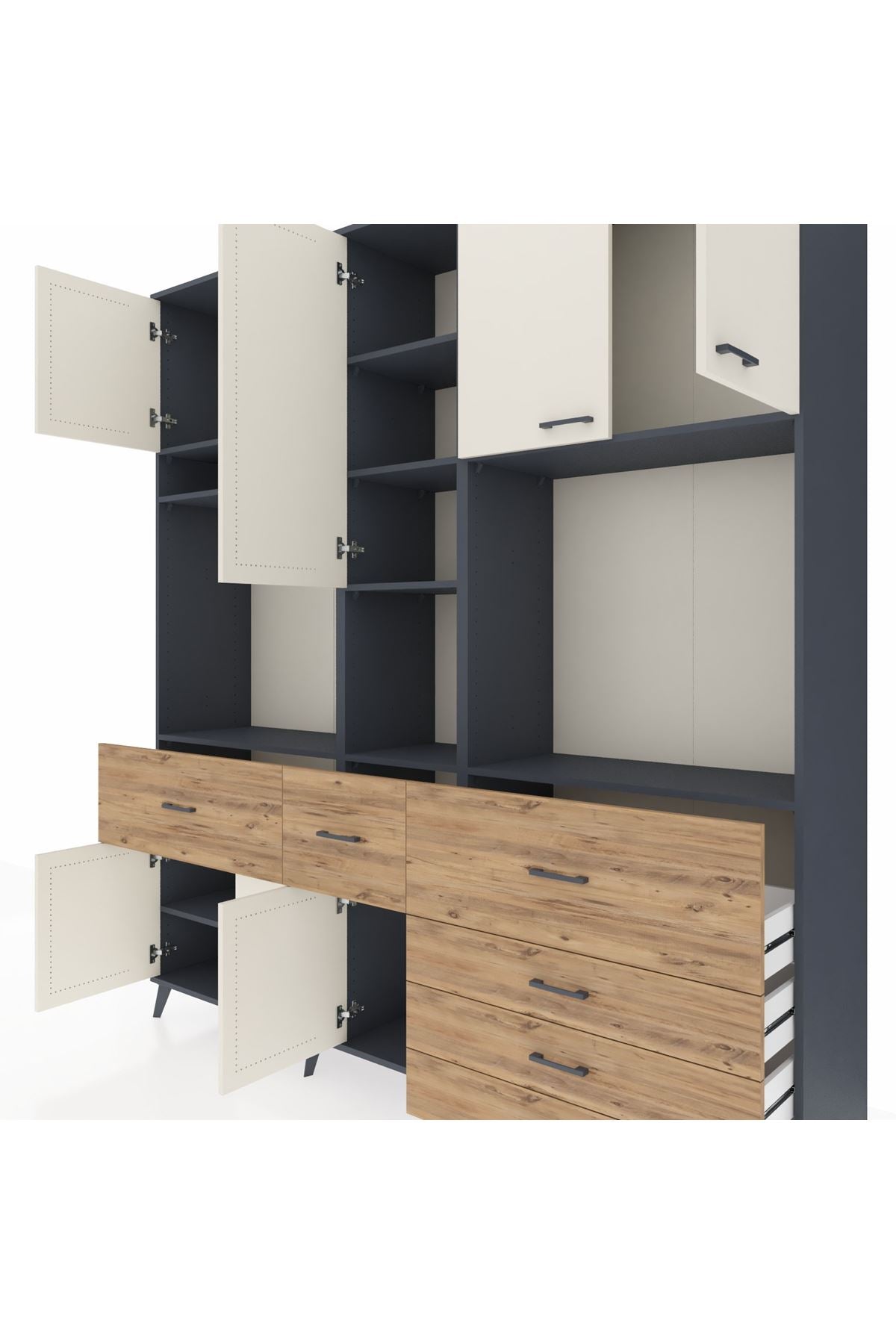 Hyperion Dolap 10 Raflı 6 Çekmeceli 8 Kapaklı 220x44x243 Antrasit-Aytaşı/Çam