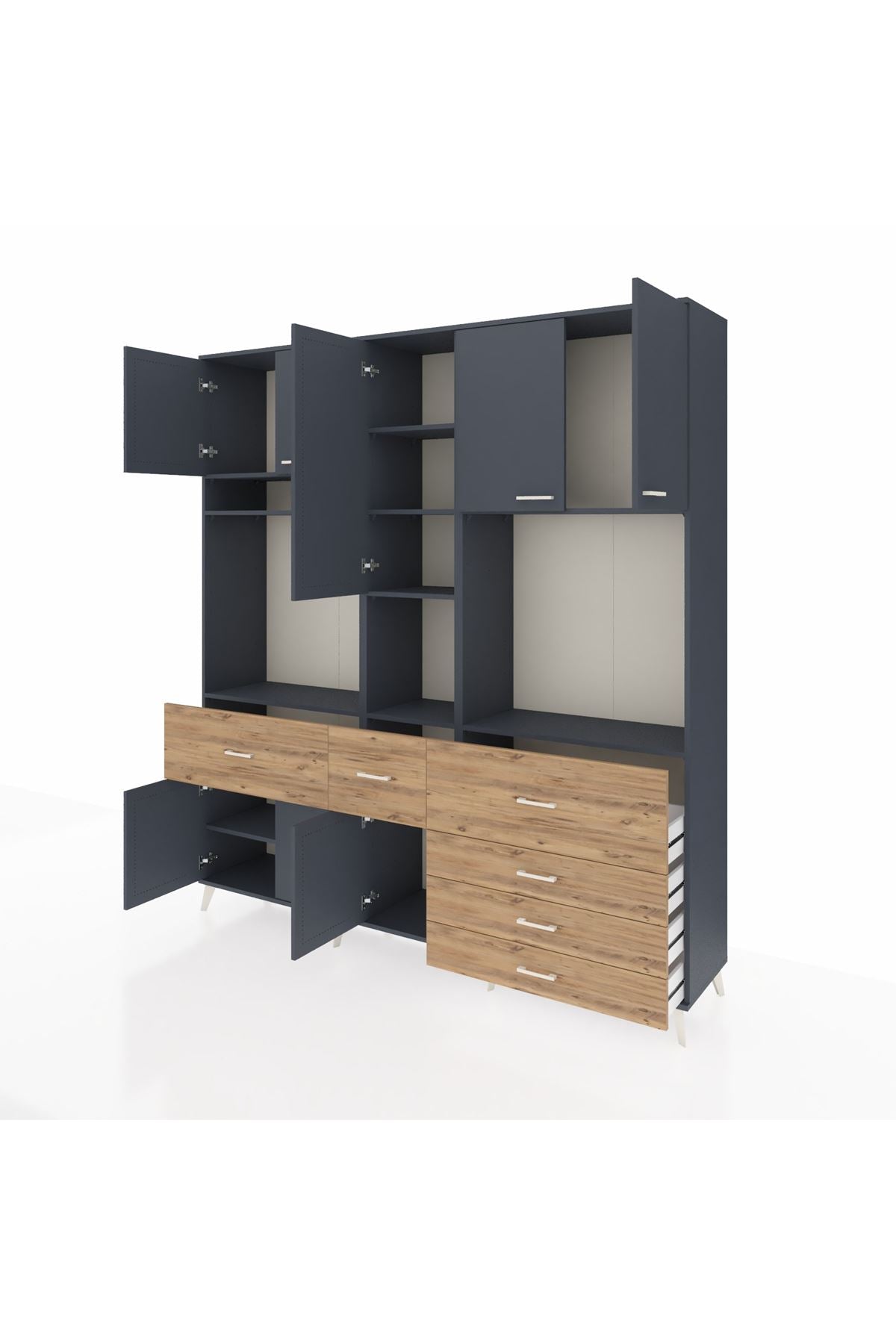 Hyperion Dolap 10 Raflı 6 Çekmeceli 8 Kapaklı 220x44x243 Antrasit-Antrasit/Çam