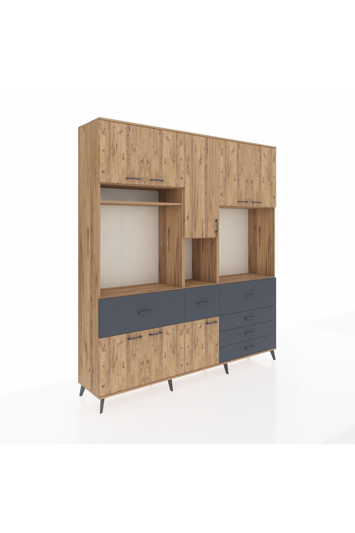 Hyperion Dolap 10 Raflı 6 Çekmeceli 8 Kapaklı 220x44x243 Çam-Çam/Antrasit