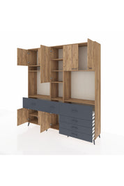 Hyperion Dolap 10 Raflı 6 Çekmeceli 8 Kapaklı 220x44x243 Çam-Çam/Antrasit